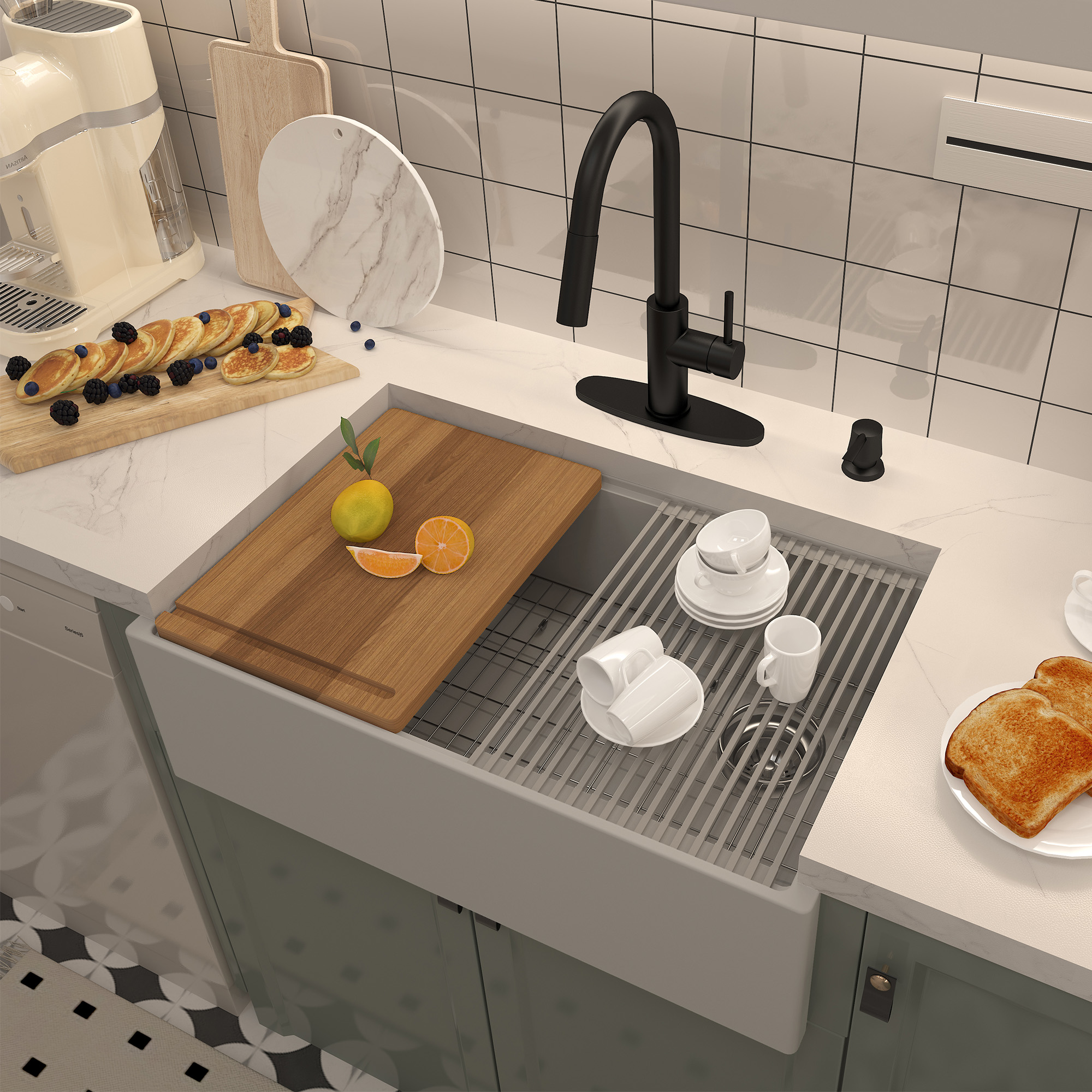 30 in. Farmhouse/Apron-Front Single Bowl Black Earth Concrete Kitchen Sink with Cutting Board, Rolling Drying Rack, Grid