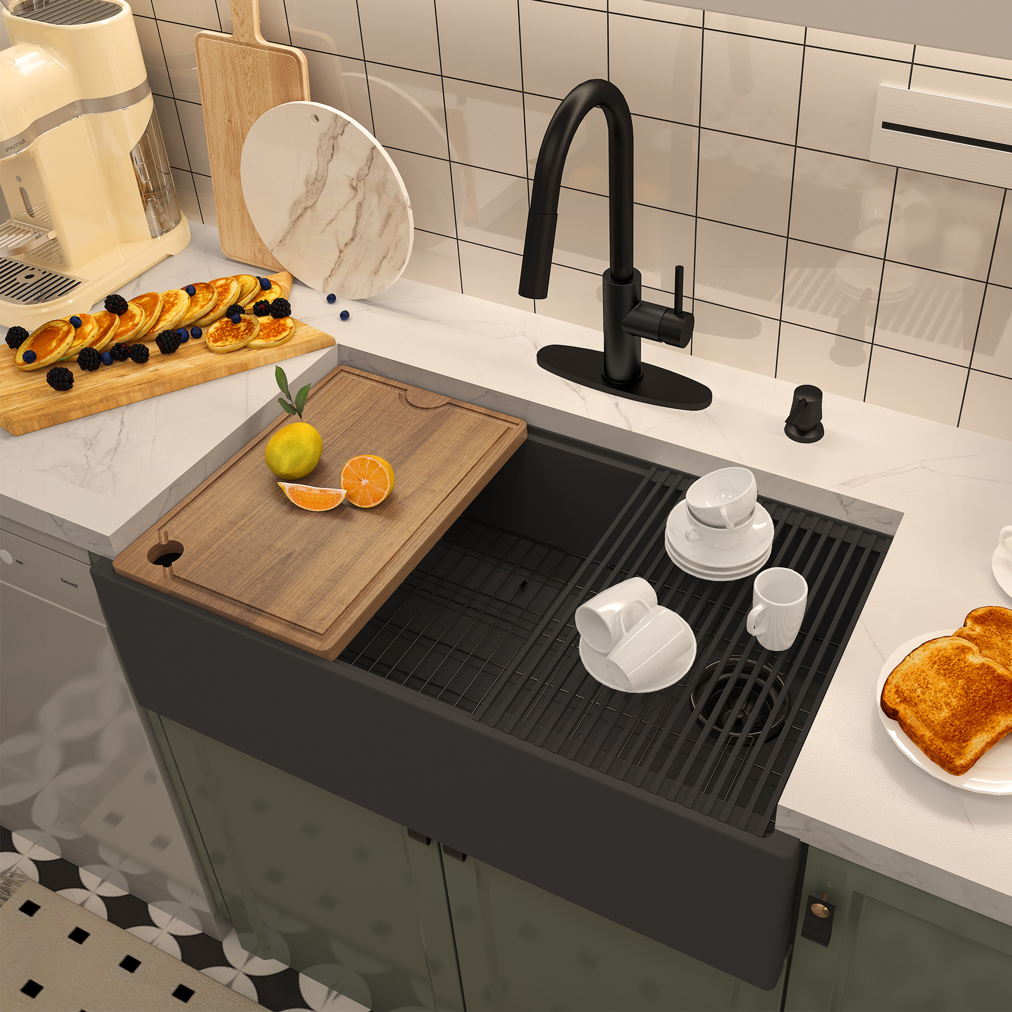 33 in. Farmhouse/Apron-Front Single Bowl Black Earth Concrete Kitchen Sink with Cutting Board, Rolling Drying Rack, Grid