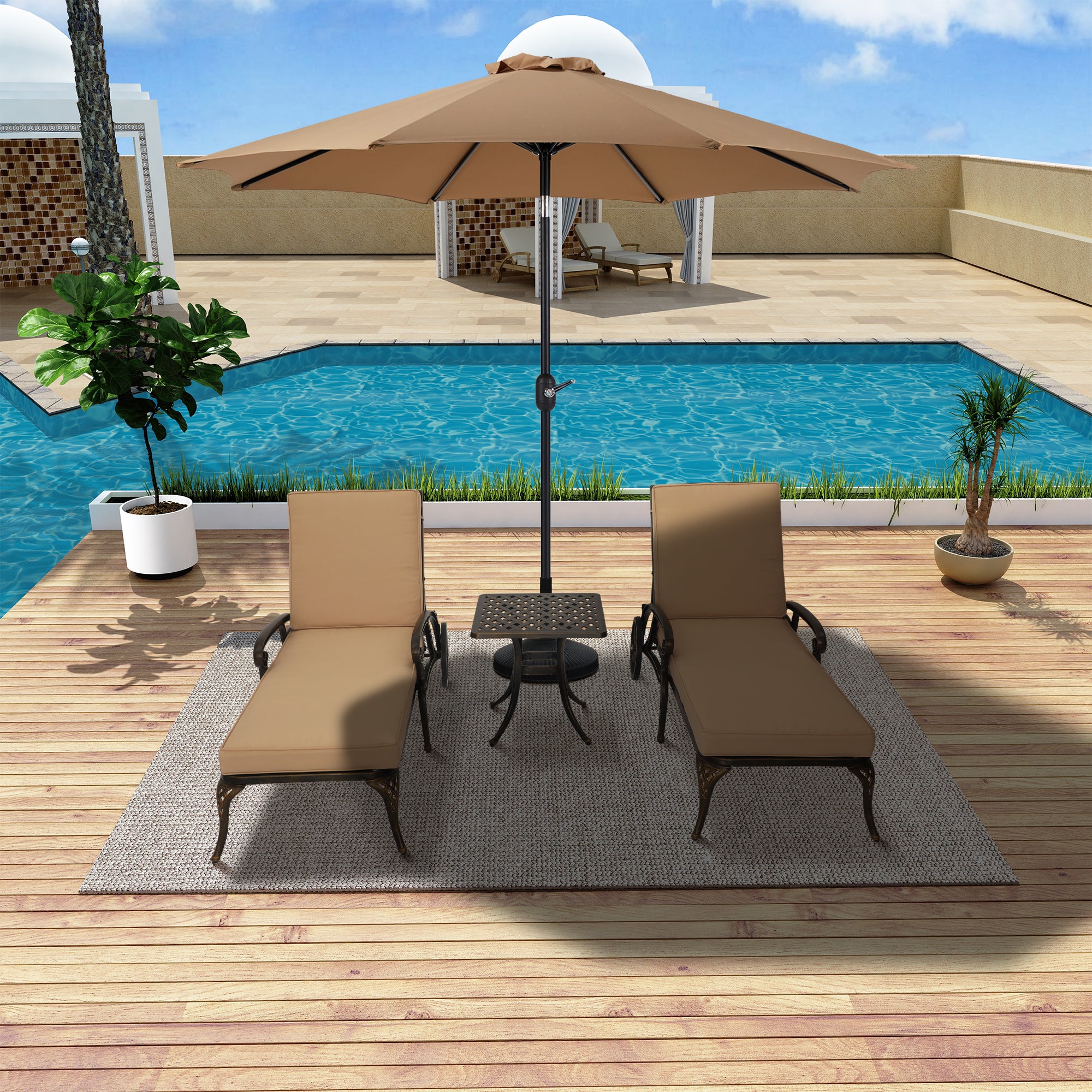 3-Piece Cast Aluminum Outdoor Chaise Lounge with Side Table and Beige/Red Cushion