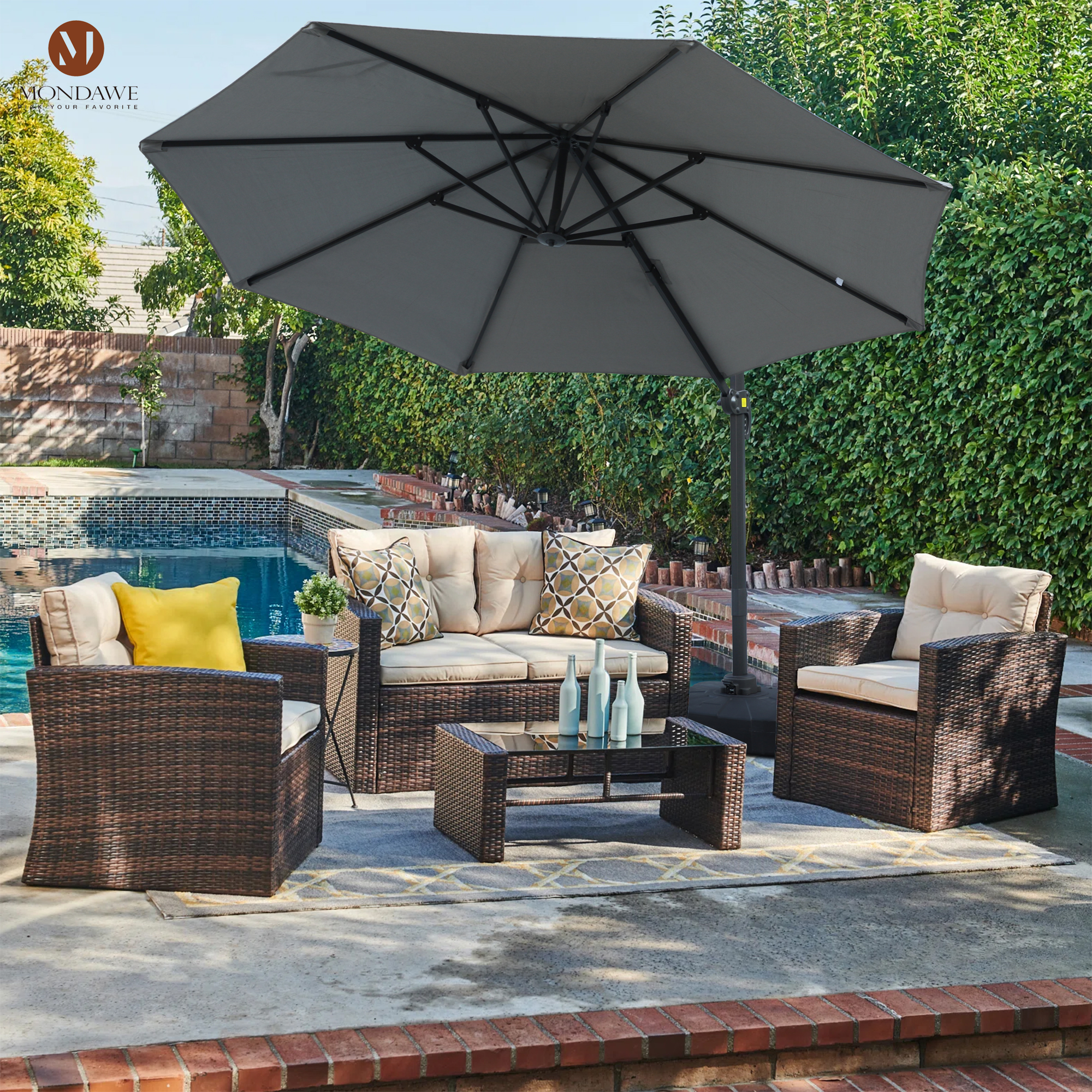 Mondawe 11 ft. Outdoor 360° Rotation Patio Cantilever Umbrella with Base for Garden Balcony-Mondawe