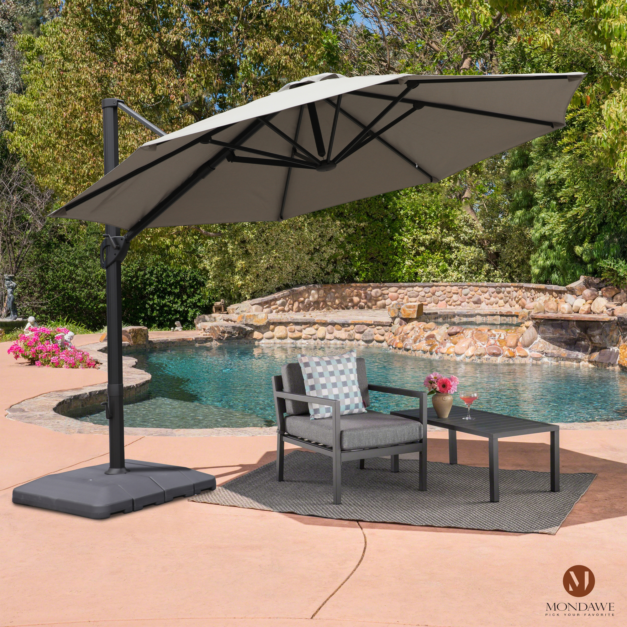 Mondawe 11 ft. Aluminum 360° Rotation Cantilever Patio Umbrella with Base for Garden Balcony-Mondawe