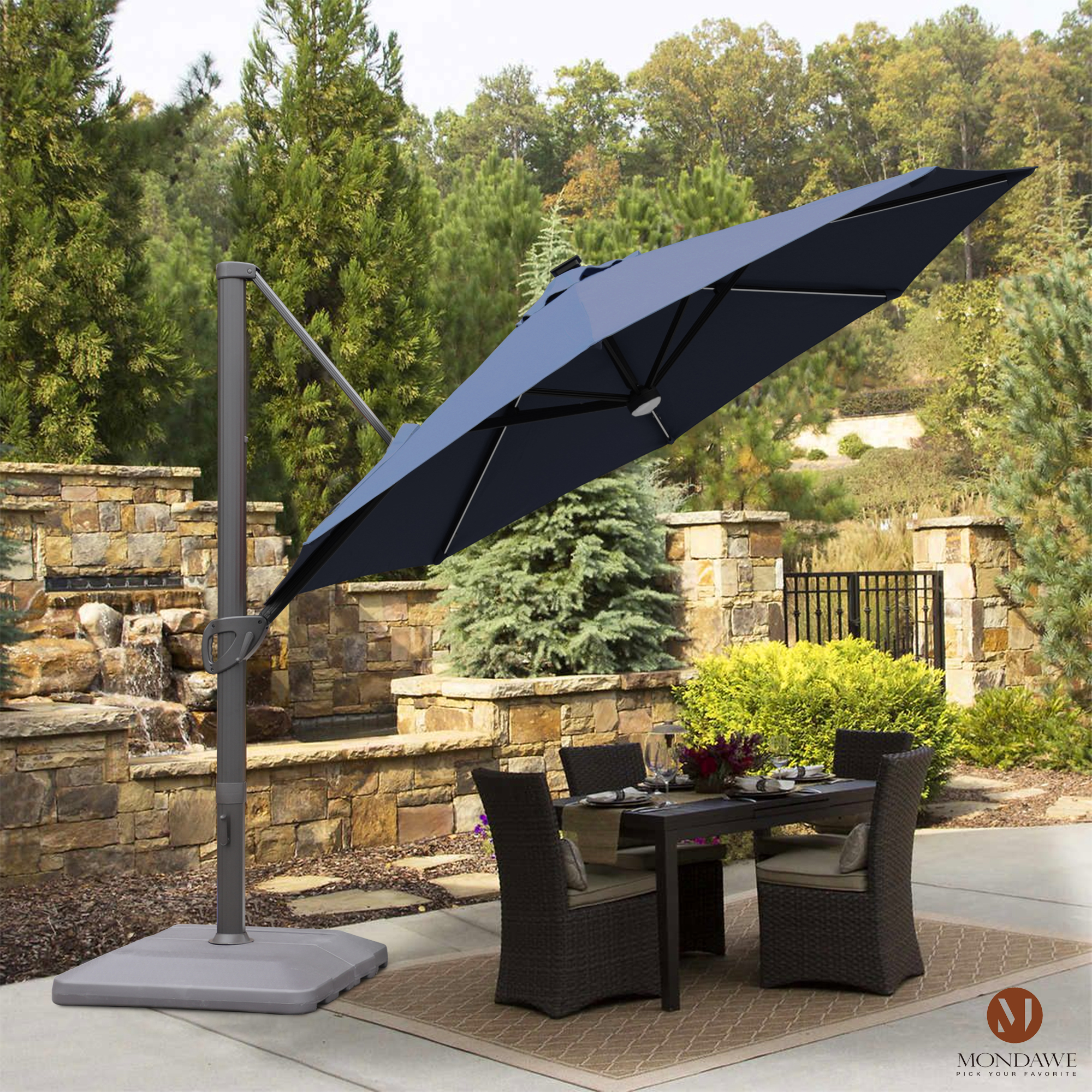 Mondawe 11 ft. Aluminum 360° Rotation Cantilever Patio Umbrella with Led Lights and Base for Balcony-Mondawe