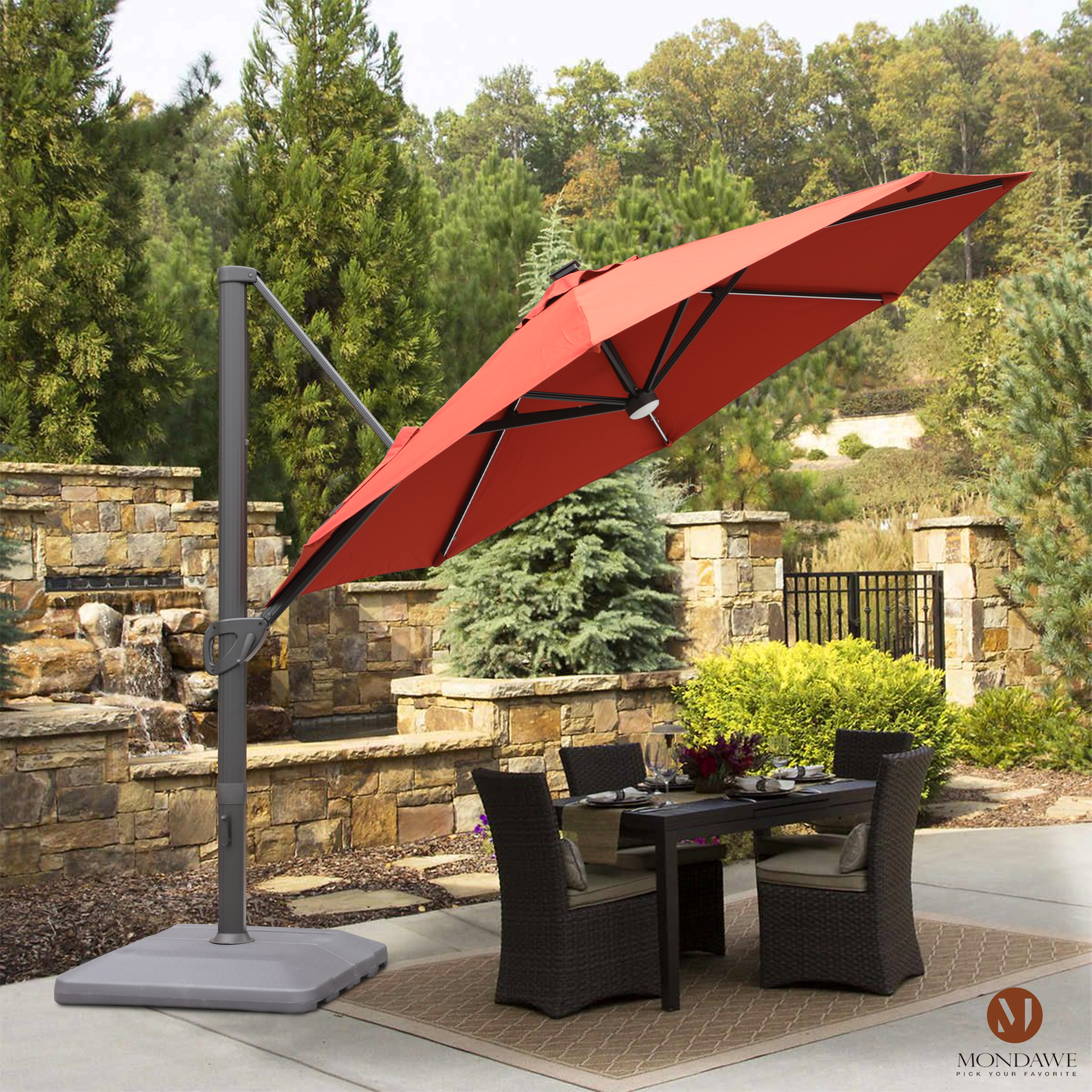 Mondawe 11 ft. Aluminum 360° Rotation Cantilever Patio Umbrella with Led Lights and Base for Balcony-Mondawe
