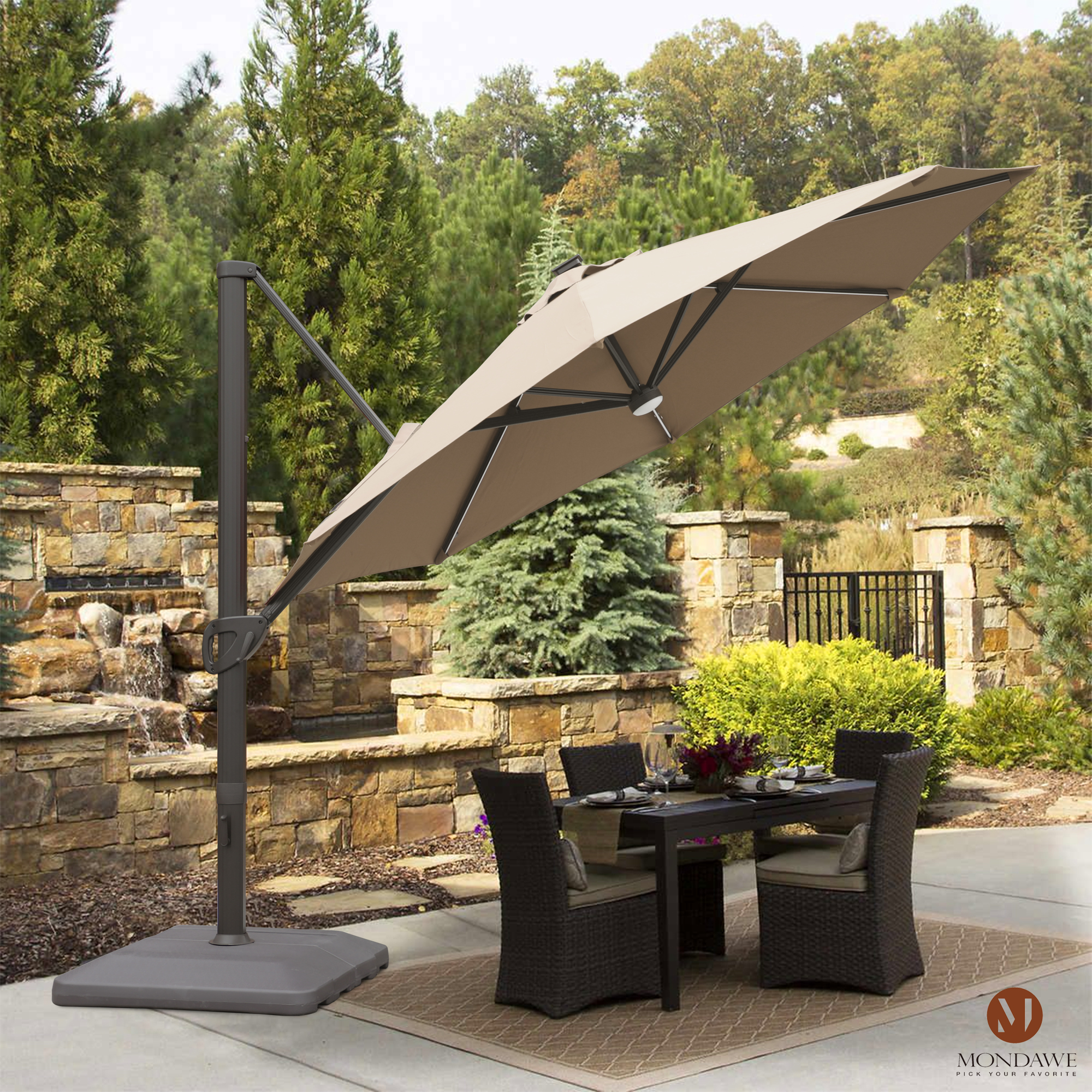 Mondawe 11 ft. Aluminum 360° Rotation Cantilever Patio Umbrella with Led Lights and Base for Balcony-Mondawe