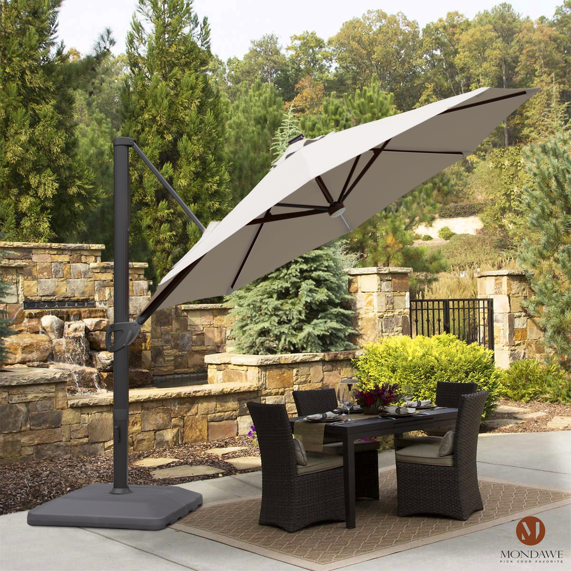 Mondawe 11 ft. Aluminum 360° Rotation Cantilever Patio Umbrella with Led Lights and Base for Balcony-Mondawe