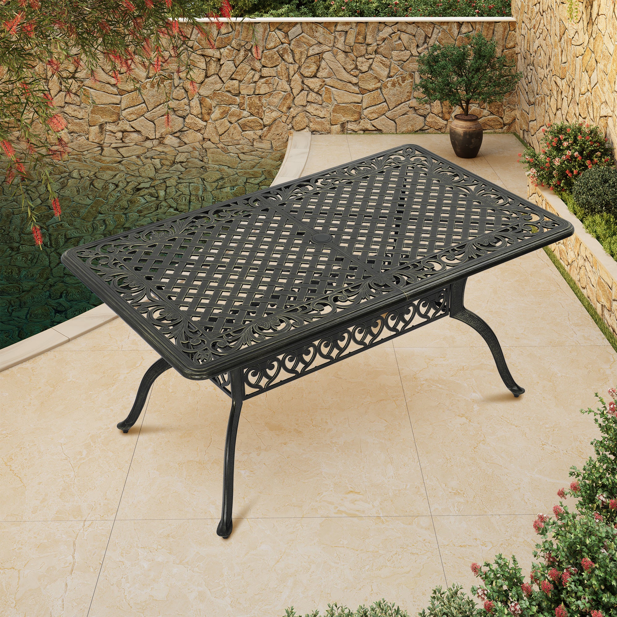 59. in Cast Aluminum Patio Rectangular Dining Table with Umbrella Hole
