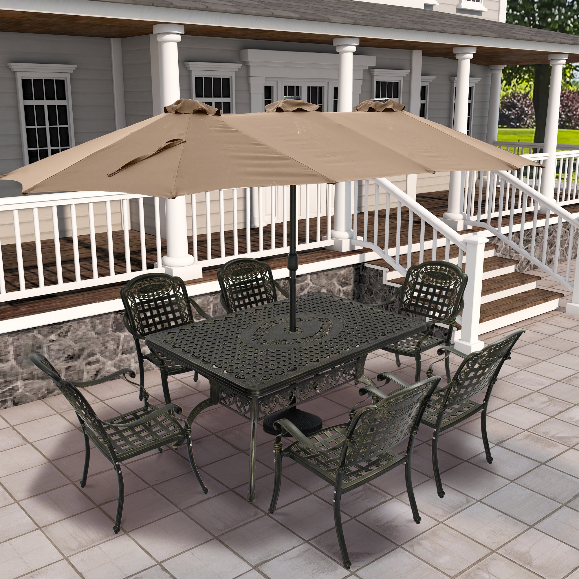 Cast Aluminium Patio-Set 7-Piece Bronze Patio Dining Set Aluminum Rectangle Table with 6 Stationary Chairs