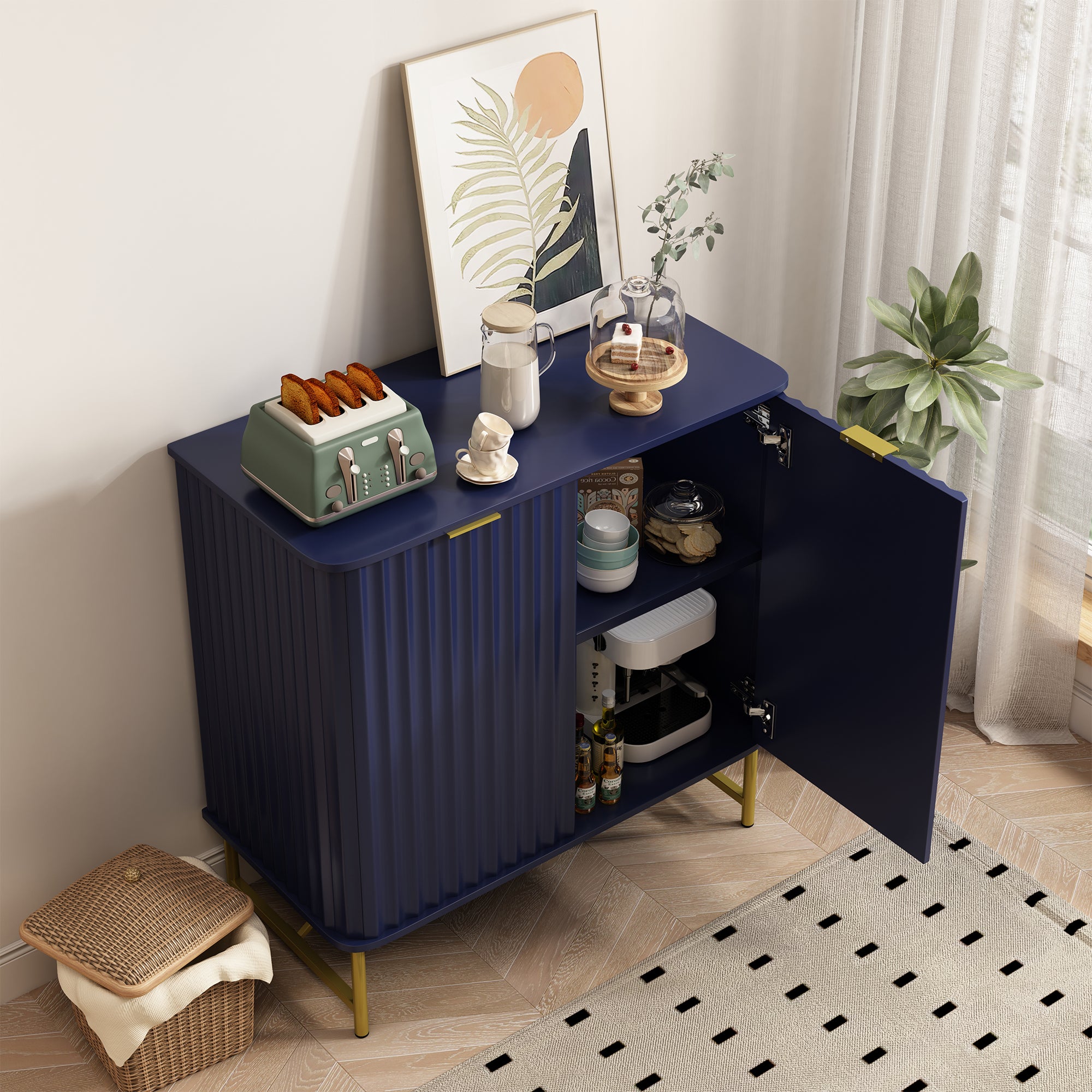 Sideboard Buffet Storage Cabinet with 2 Doors，32 Inch Monden Free-Standing Accent Cabinet with Gold Legs for Hallway, Living Room