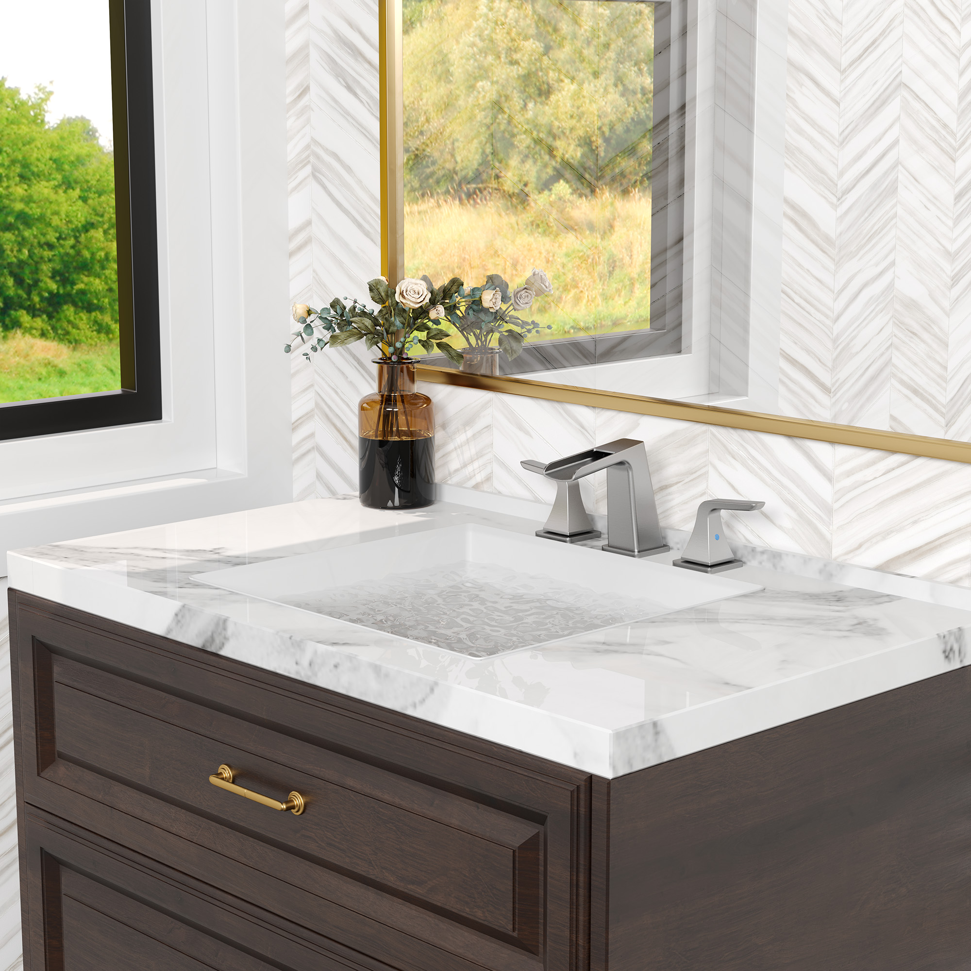 8 in. Widespread 2-Handle Waterfall Spout Bathroom Faucet with Pop-Up Drain Kit in Brushed Nickel/Brushed Gold/Matte Black