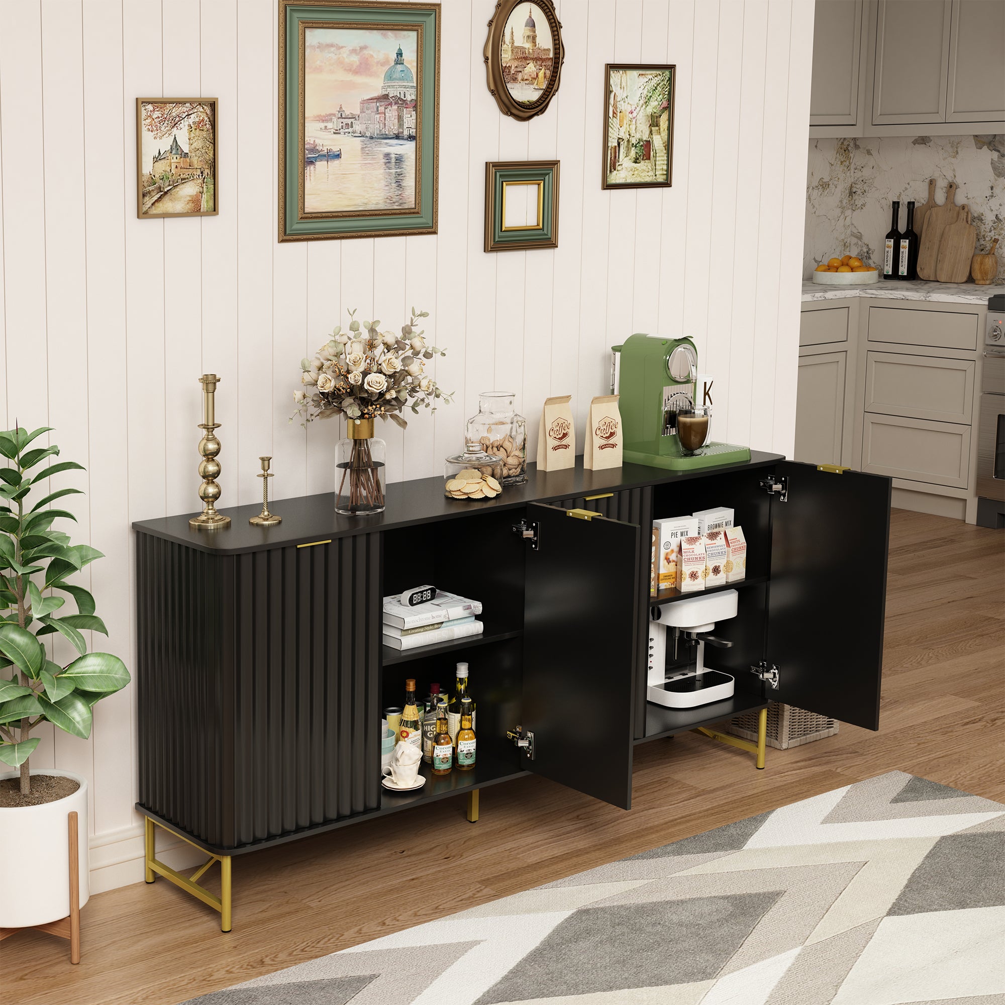 Storage Cabinet with 4 Doors，63 Inch Monden Accent Cabinet，Free-Standing Sideboard with Gold Legs for Hallway, Living Room