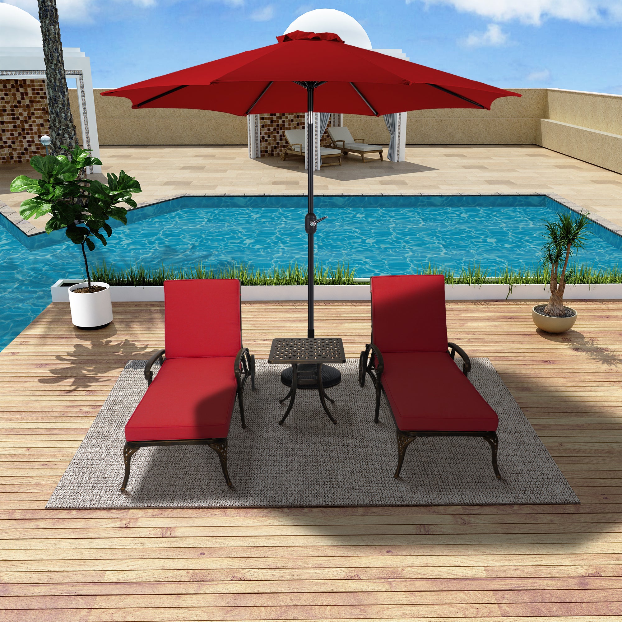 3-Piece Cast Aluminum Outdoor Chaise Lounge with Side Table and Beige/Red Cushion