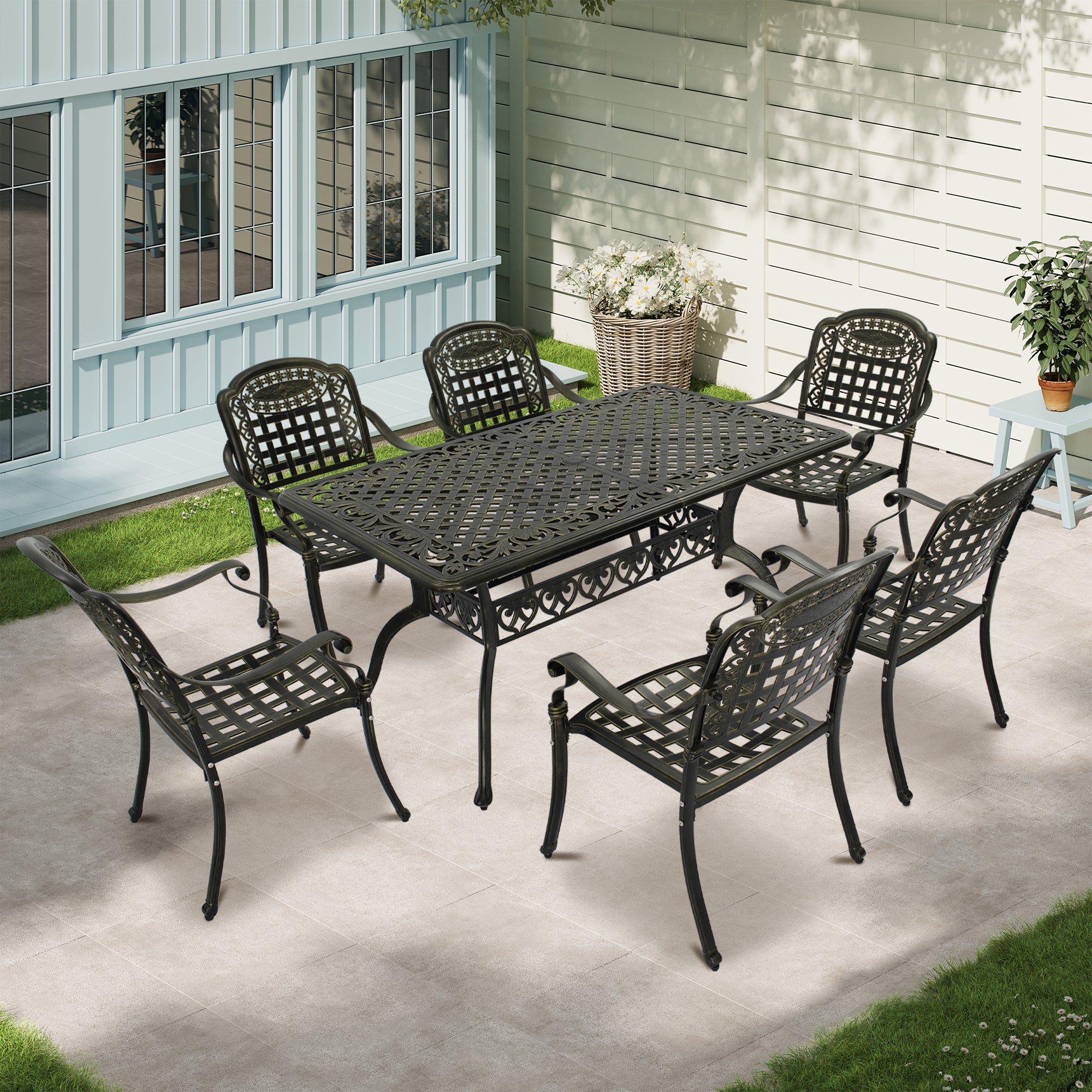 Mondawe Cast Aluminium Patio-Set 7-Piece Bronze Patio Dining Set Aluminum Rectangle Table with 6 Stationary Chairs