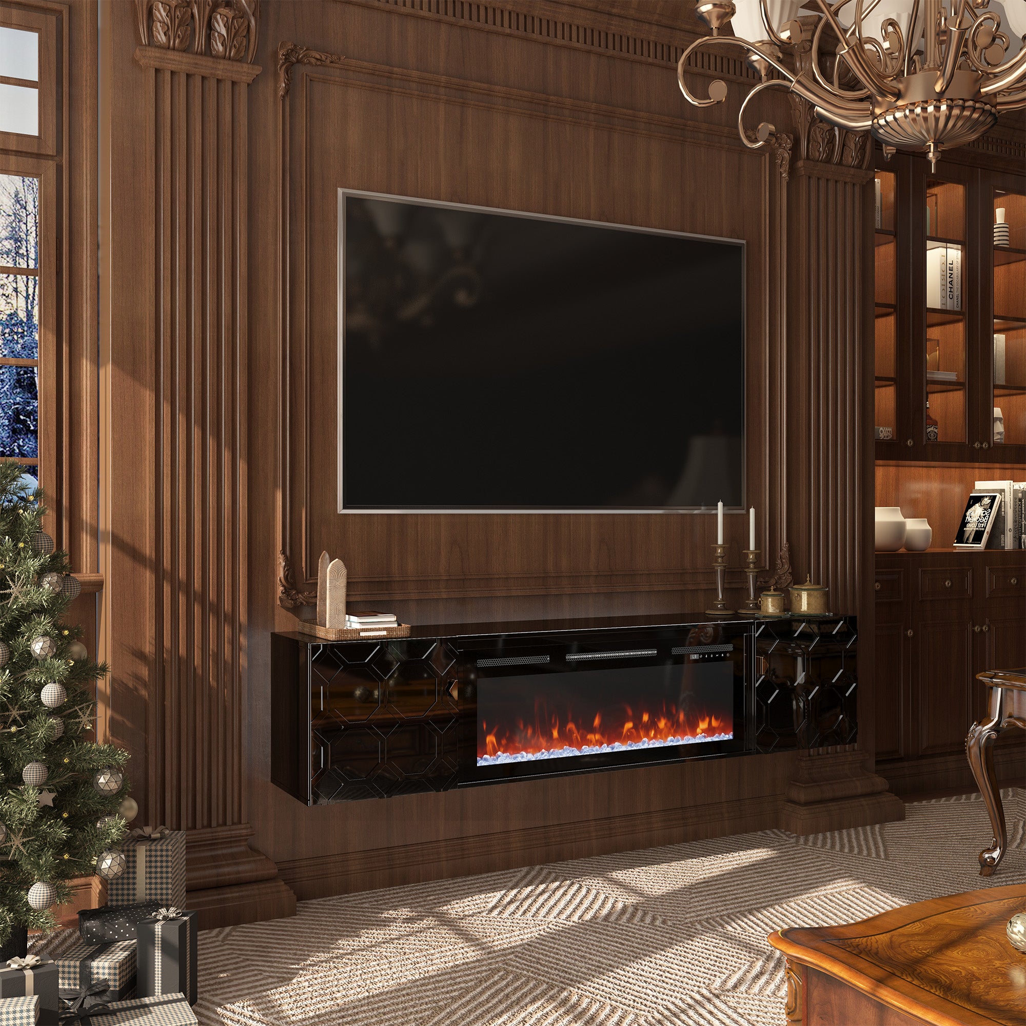 67.32-in W White Fan-forced Electric Fireplace , 5 levels of brightness adjustment, 14 charcoal bed effects