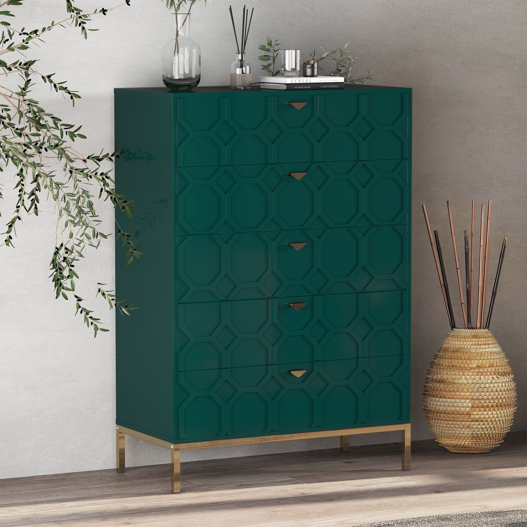 49.2 in. H Freestanding Storage Cabinet White 5 Drawer Accent Cabinet