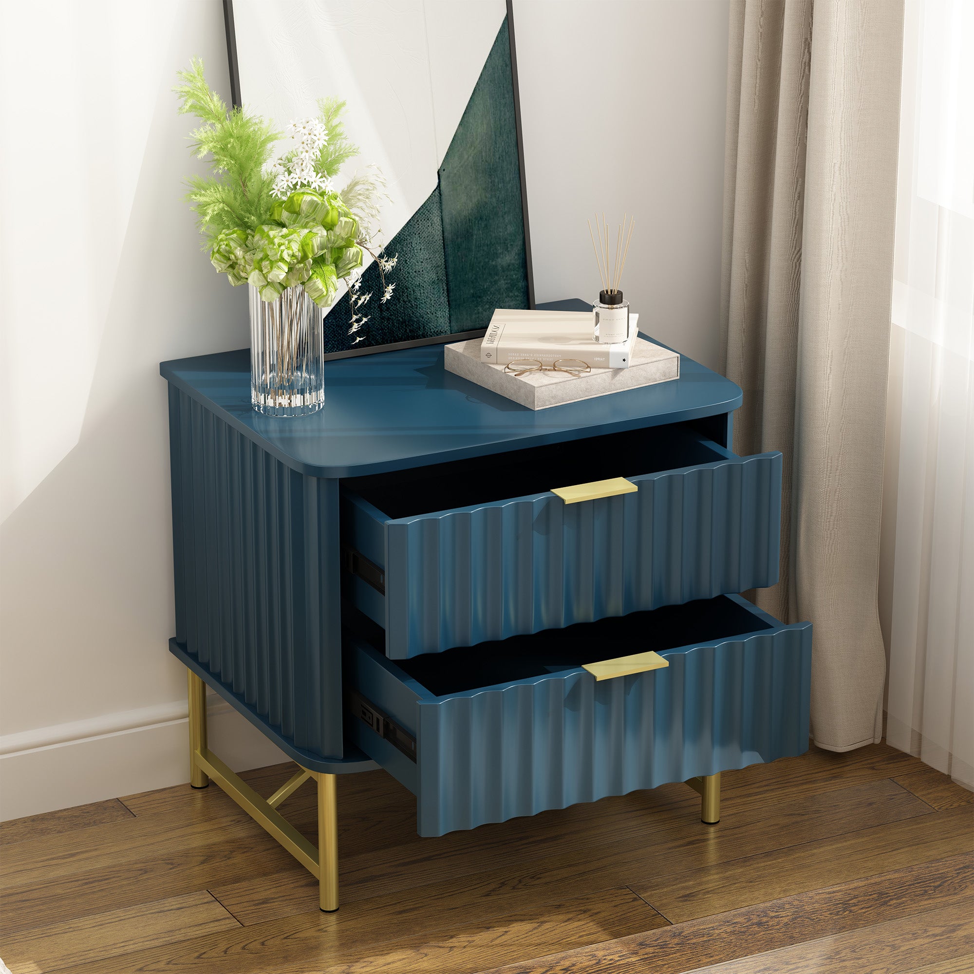19 Inch Nightstand，Modern End Table with 2 Drawers，2 Tier Side Table with Gold Legs for Bedroom, Living Room, Black