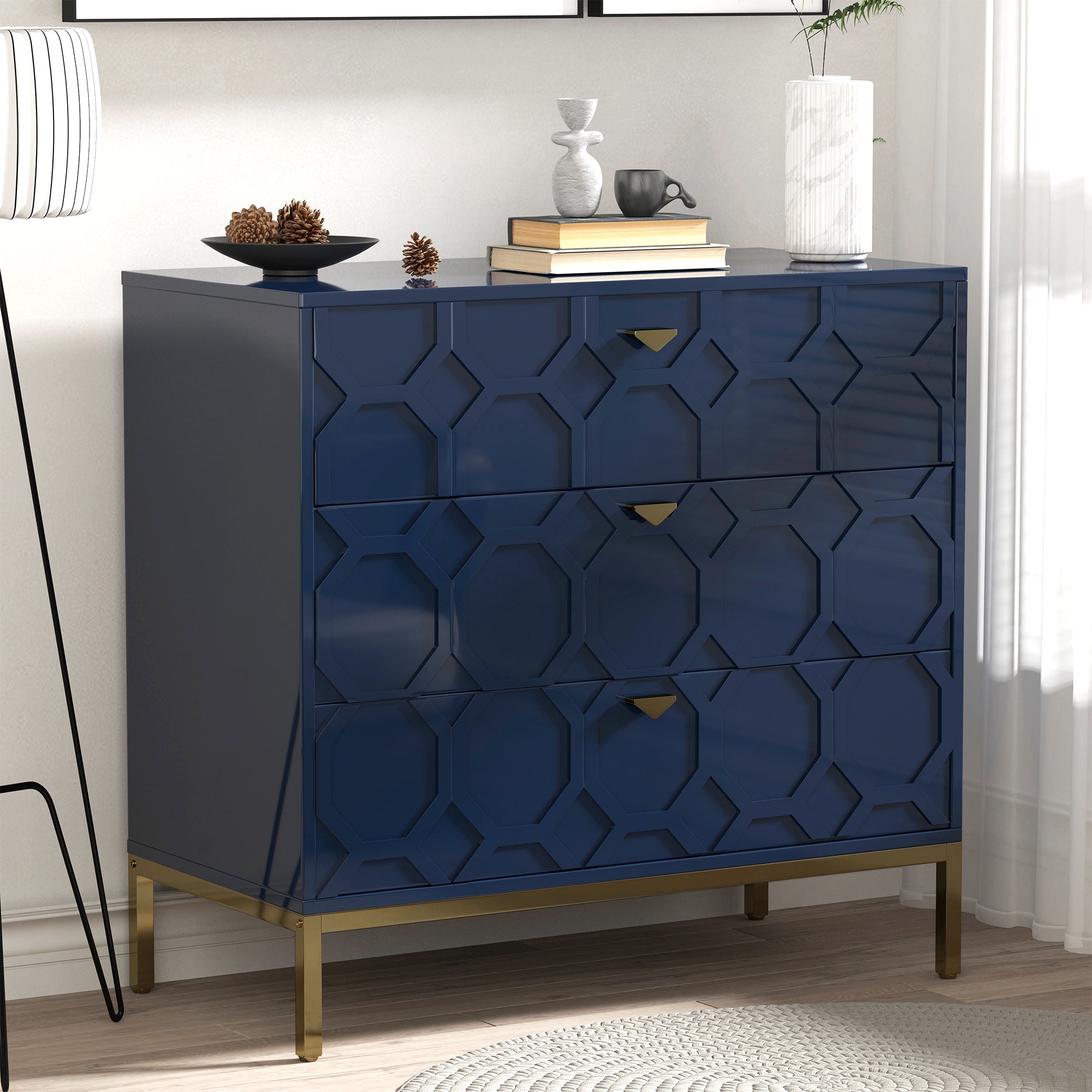 Boyel Living Honeycomb Wooden 3-Drawer Storage Cabinet Table in White