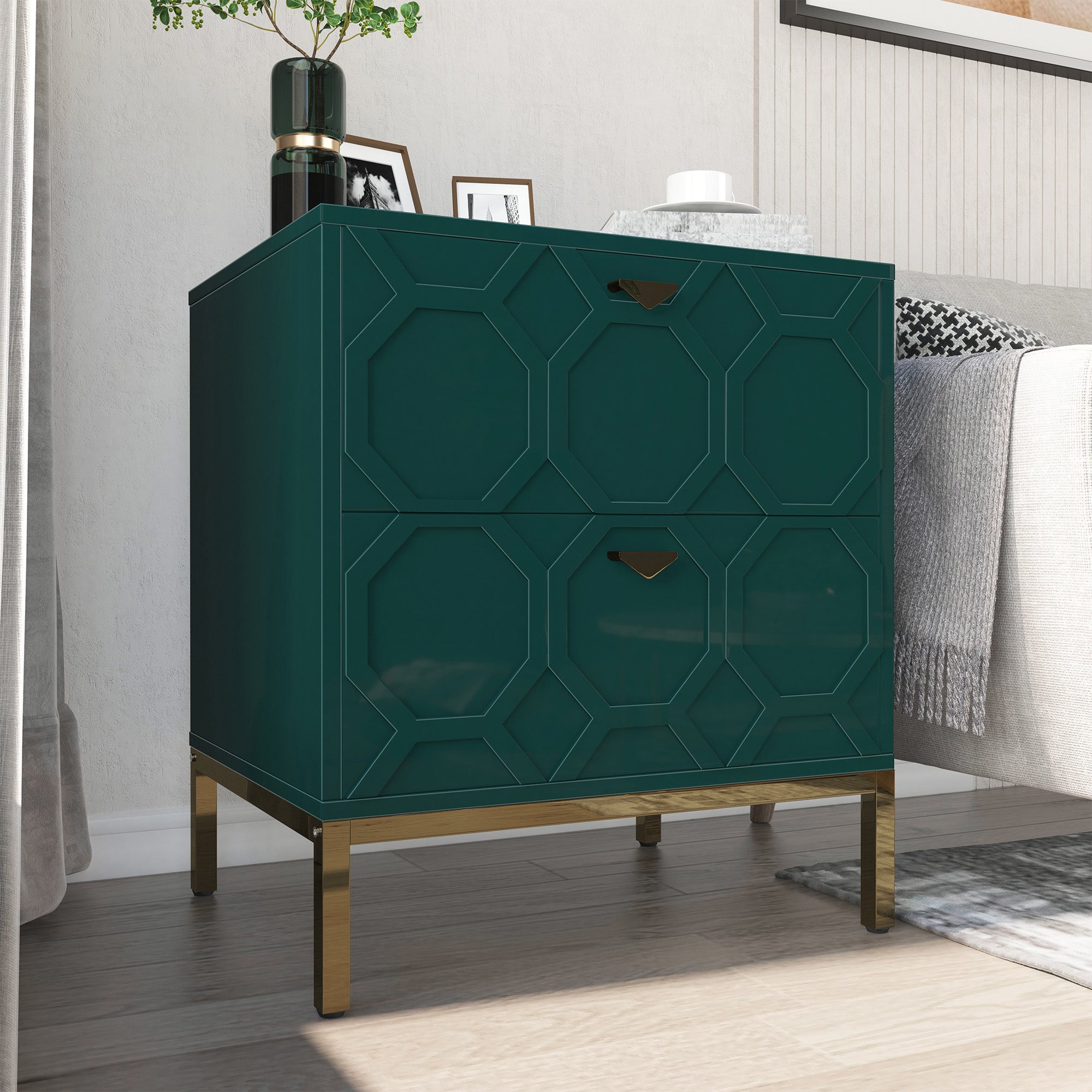 Boyel Living Honeycomb Wooden 2-Drawer Side Table in White