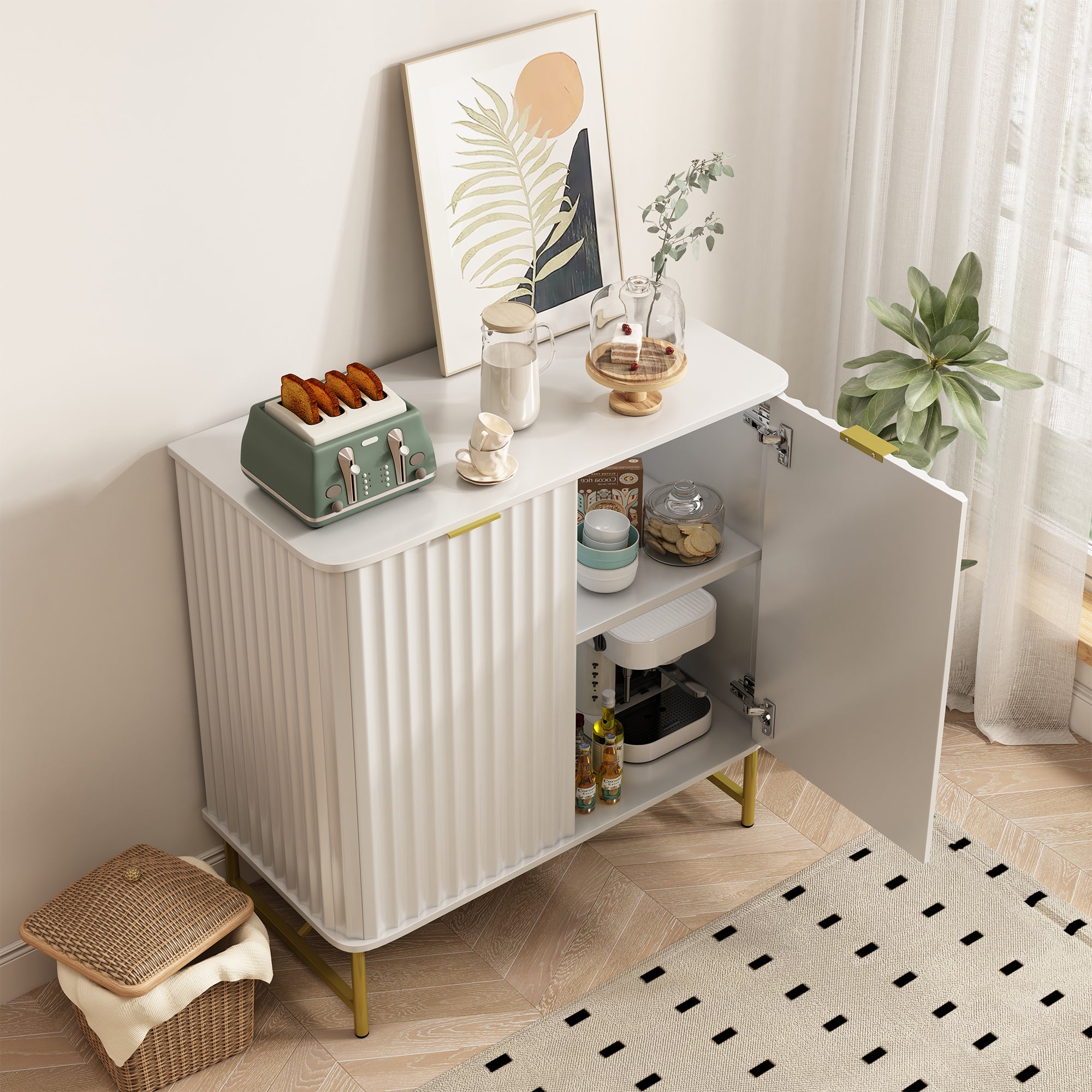 Sideboard Buffet Storage Cabinet with 2 Doors，32 Inch Monden Free-Standing Accent Cabinet with Gold Legs for Hallway, Living Room