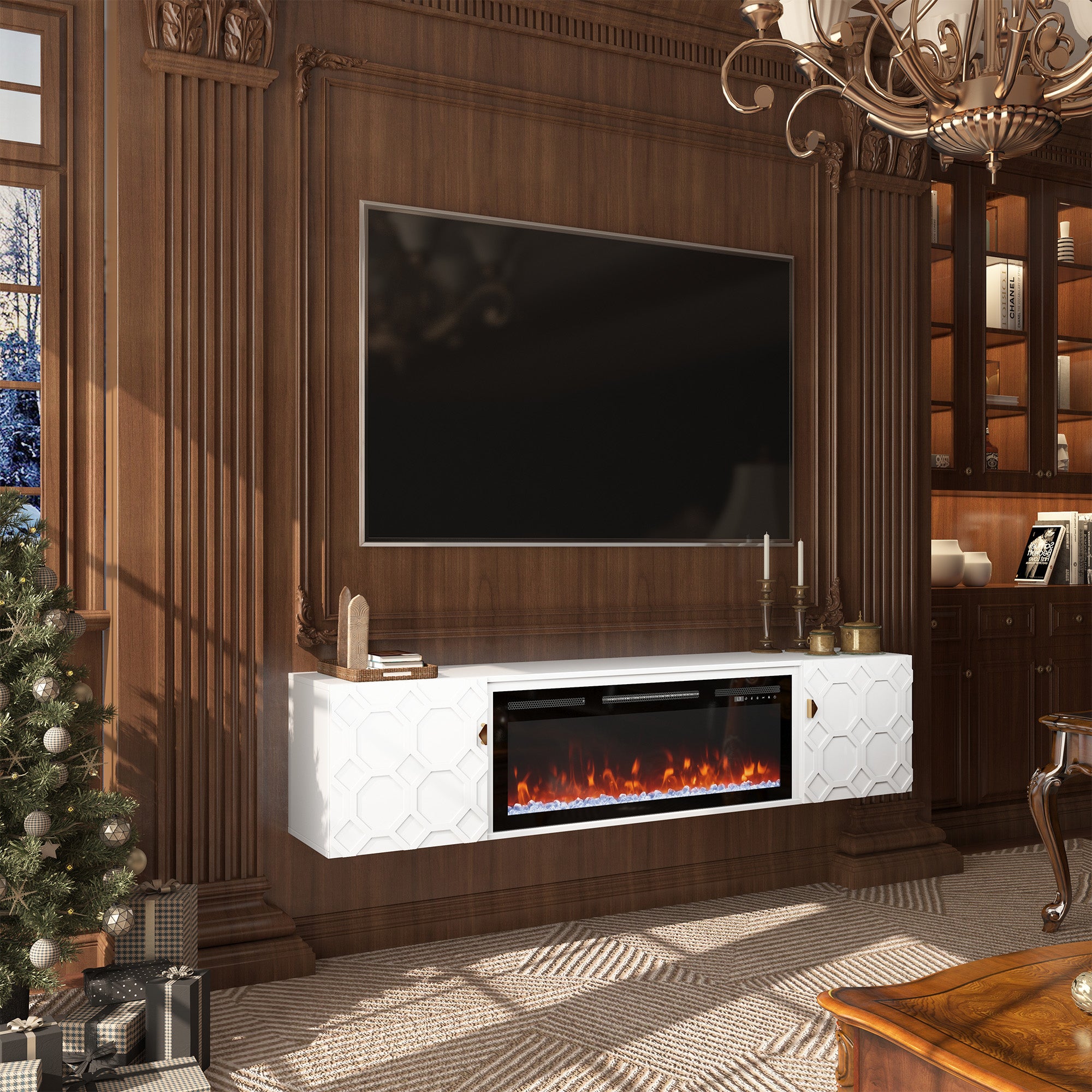 67.32-in W White Fan-forced Electric Fireplace , 5 levels of brightness adjustment, 14 charcoal bed effects