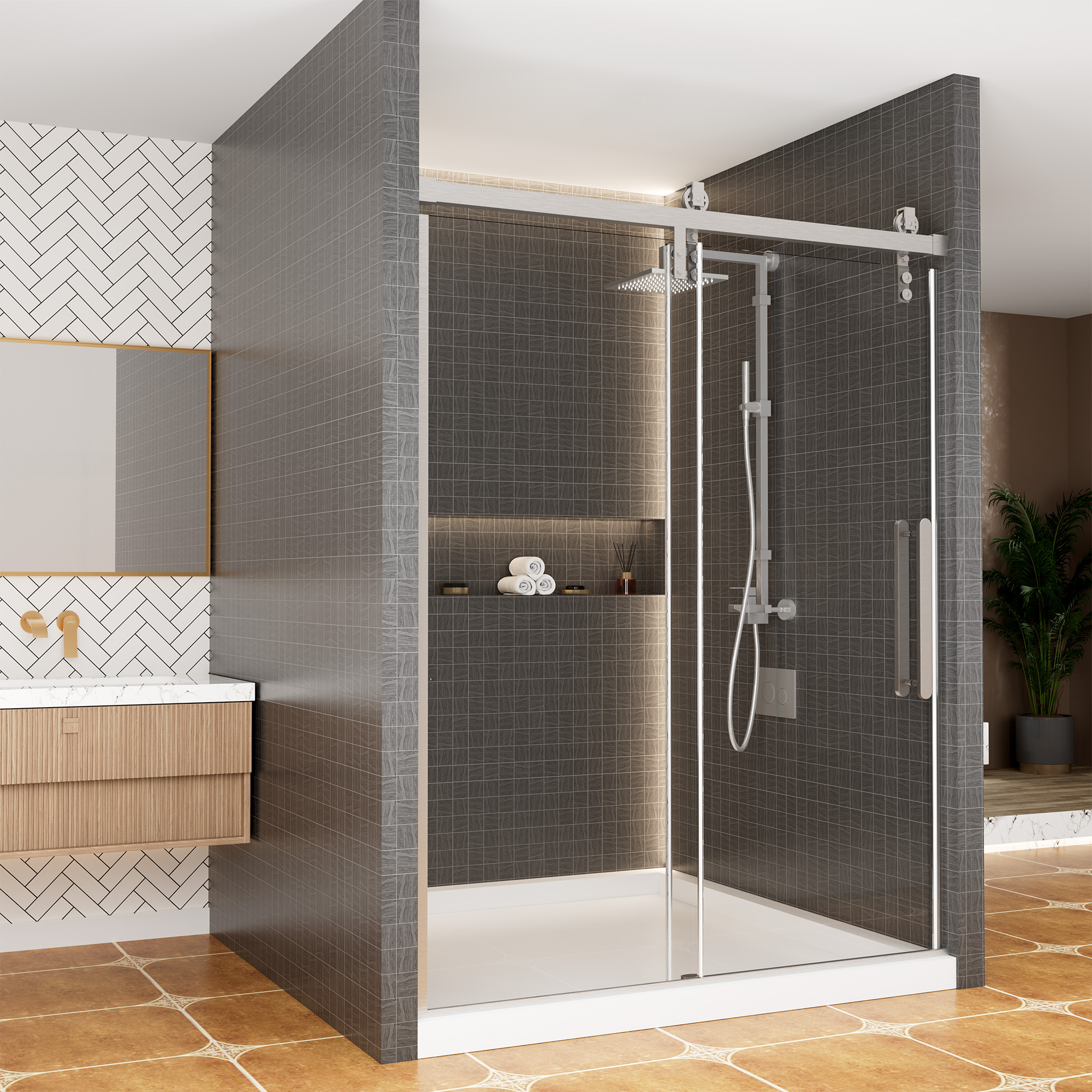 60.6"x 76" Framed Stainless Steel Shower Door with Reversible Installation