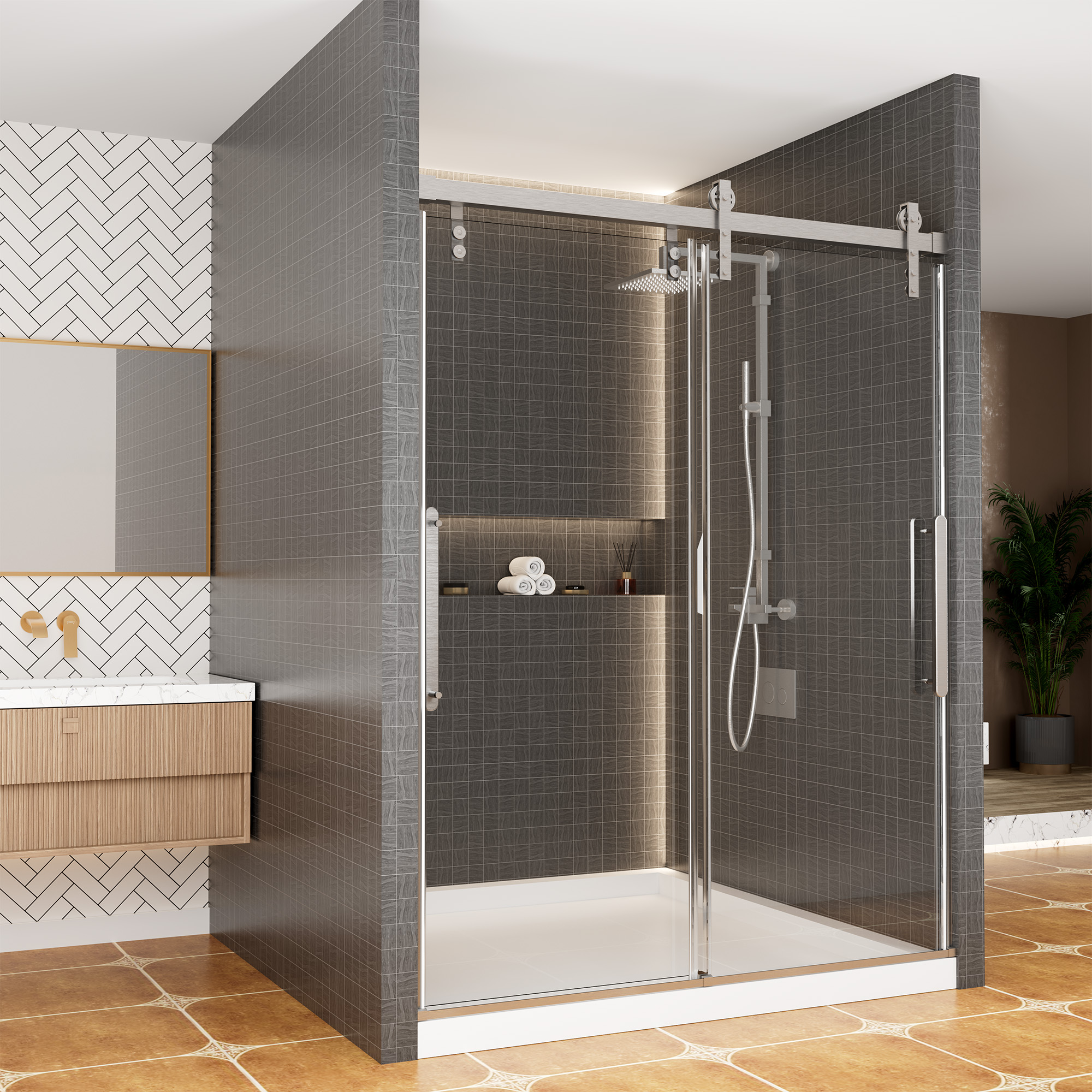 60"x 76" Frameless Stainless Steel Shower Door with 10mm Tempered Glass