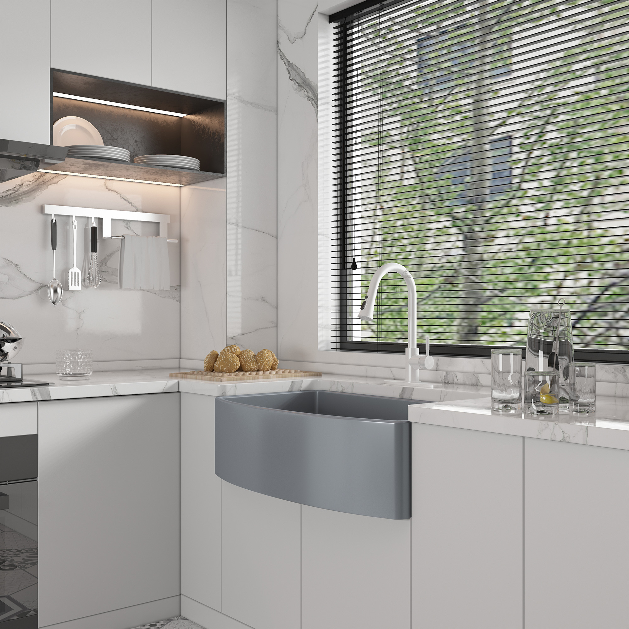 Boyel Living 33 in. Farmhouse/Apron-Front Single Bowl Matte Gray S3 Fine Fireclay Kitchen Sink with Bottom Grid and Strainer Basket