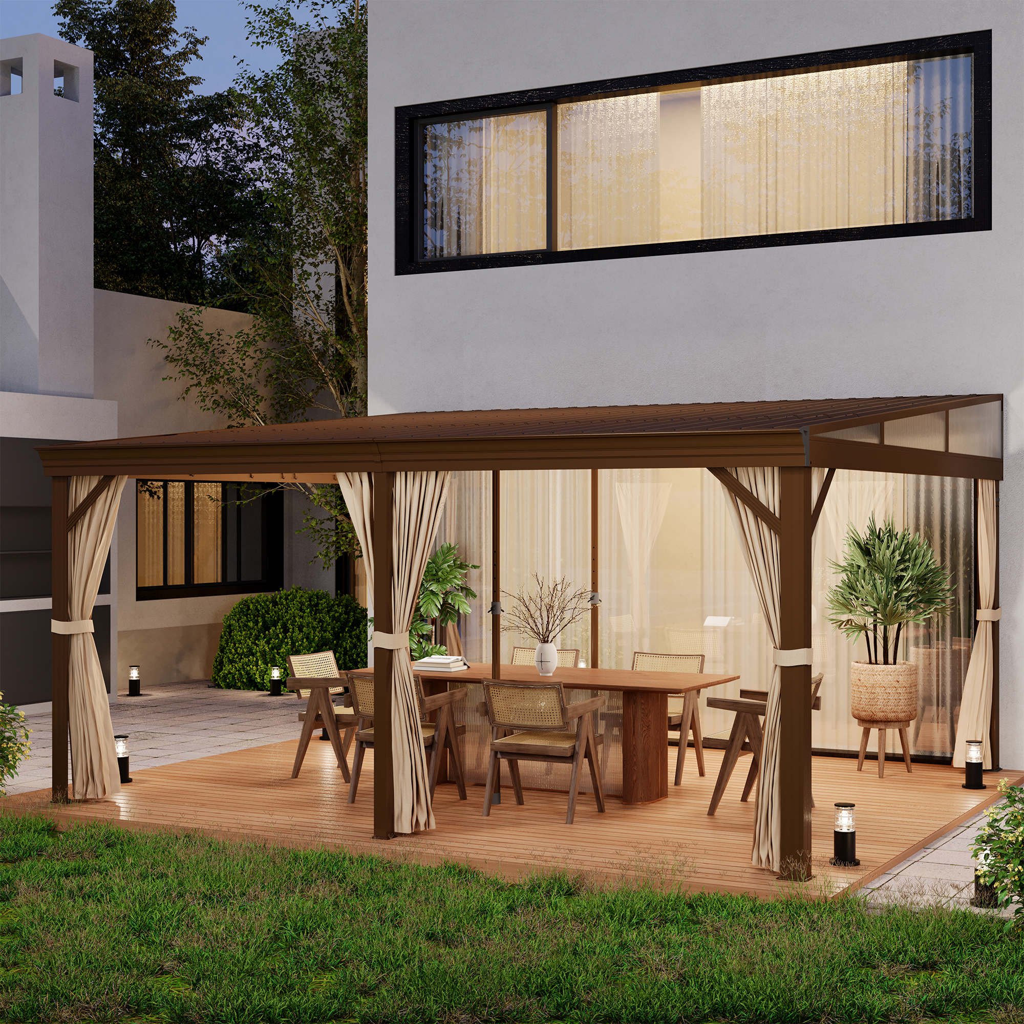 12x16FT Lean to Gazebo, Hardtop Wall Mounted Gazebo with Sloping Galvanized Steel Roof, Aluminum Frame, Drainage System, Curtains and Netting, for Patio, Deck, Garden, Backyard