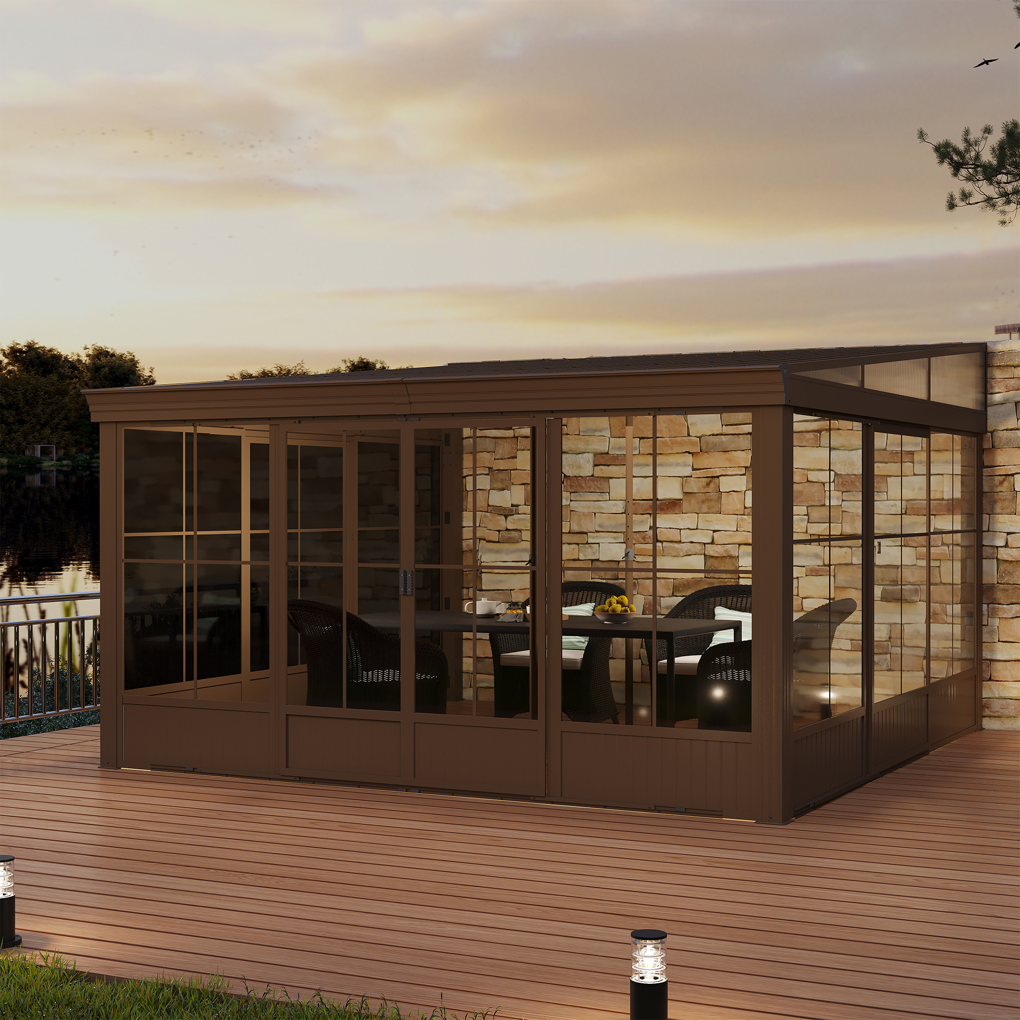 12x14FT Wall Mounted Sunroom, Against Wall Solarium with Galvanized Steel Sloping Roof, Detachable PVC Screen, Lockable Sliding Front and Side Doors, Lean-to Gazebo Sun Room for Deck Patio