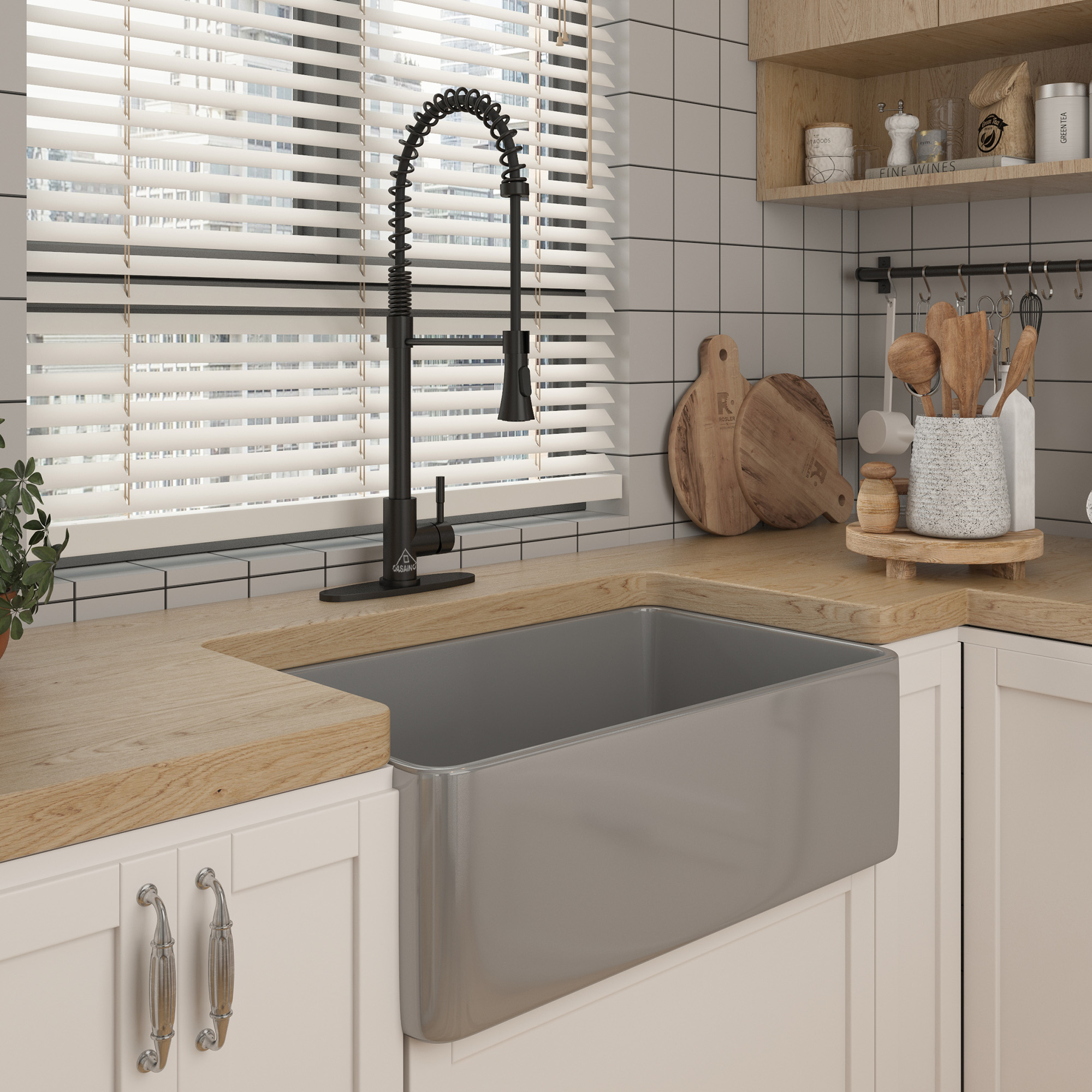 Matte Grey Farmhouse Apron Front Fireclay Single Sink with Grid and Drainer 