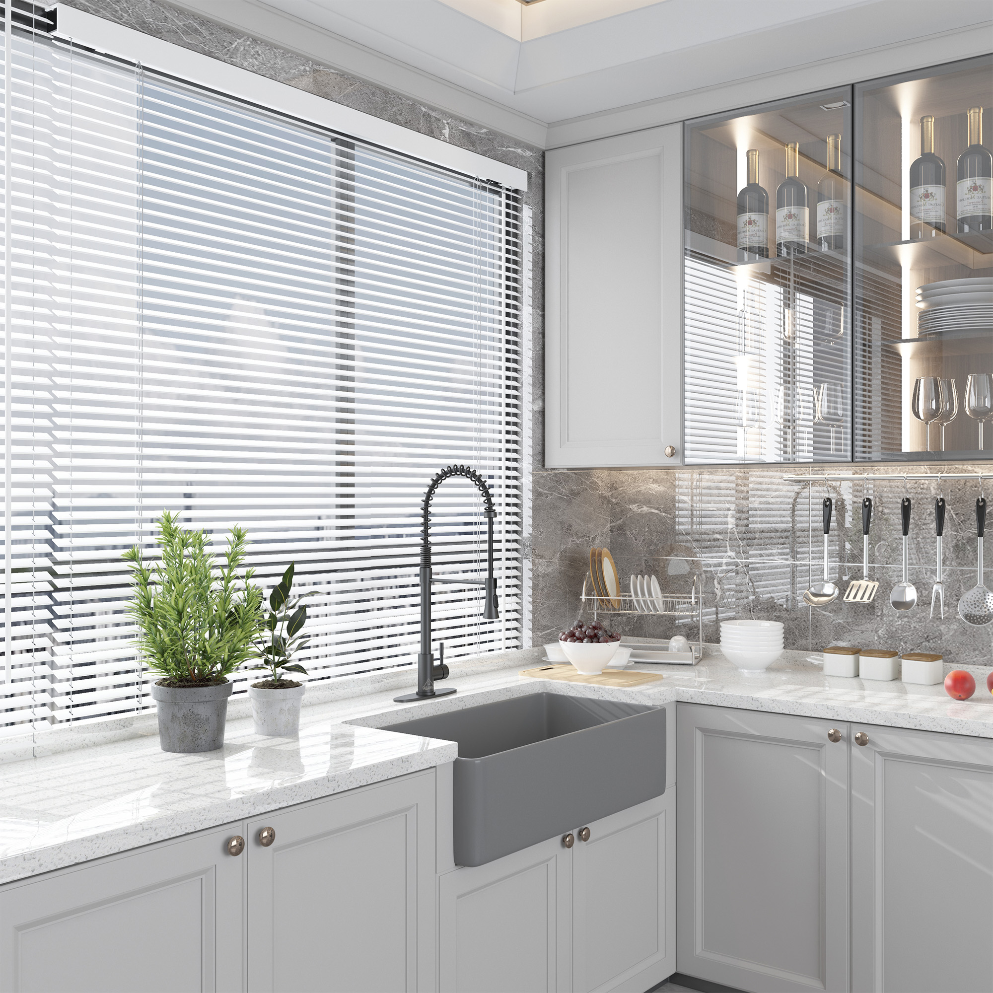 Matte Grey Farmhouse Apron Front Fireclay Single Sink with Grid and Drainer 