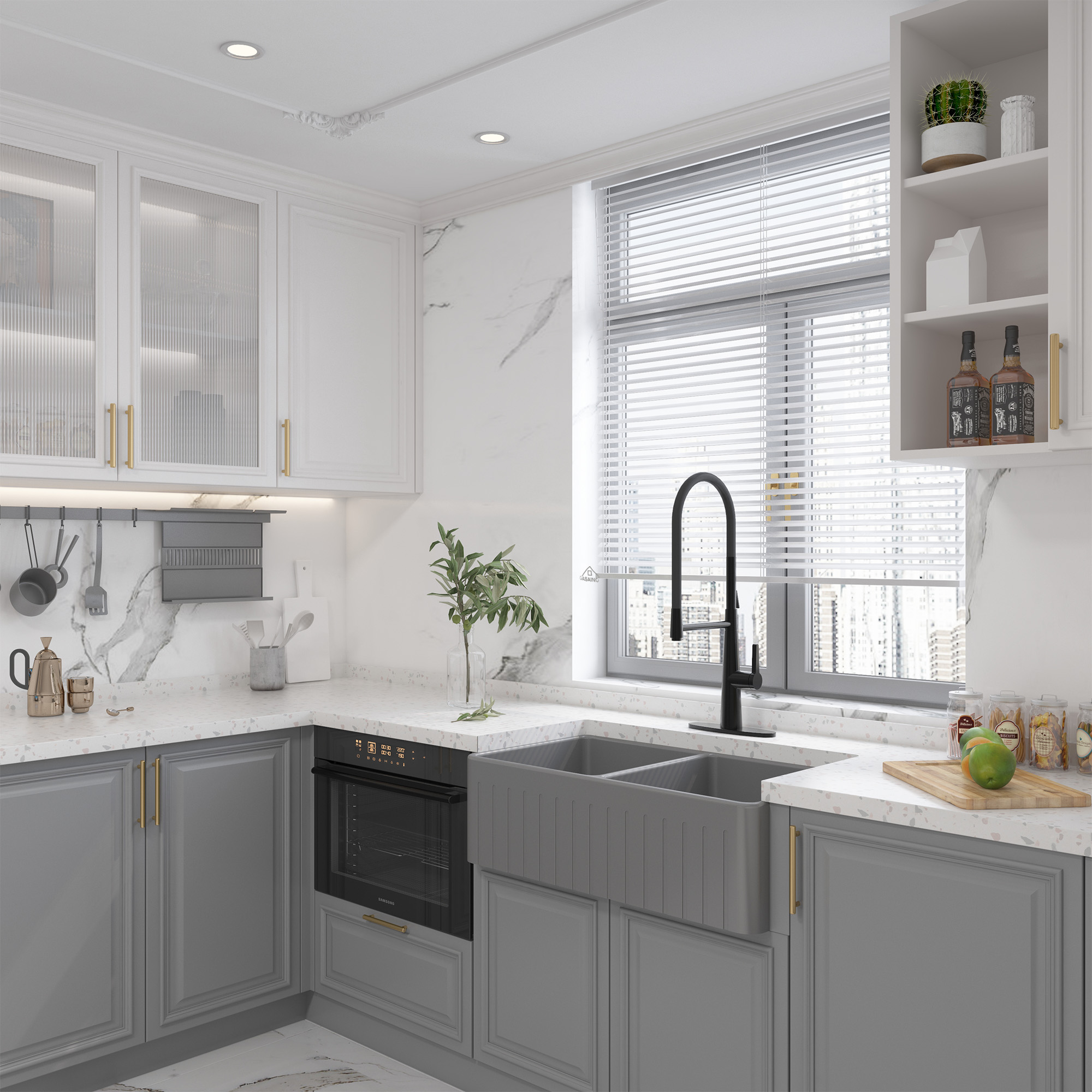 Boyel Living 33 in. Farmhouse/Apron-Front Double Bowl Matte Gray Fine Fireclay Kitchen Sink with Bottom Grid and Strainer Basket