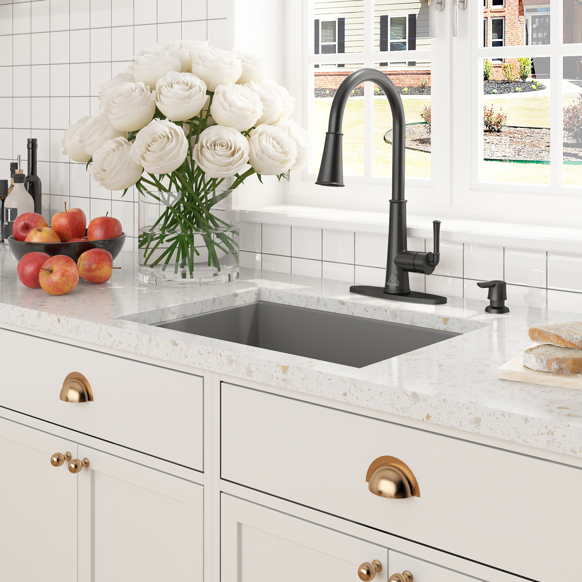 27-Inch Matte Gray ingle Bowl Fireclay Kitchen Sink with Grid and Drainer，Undermount