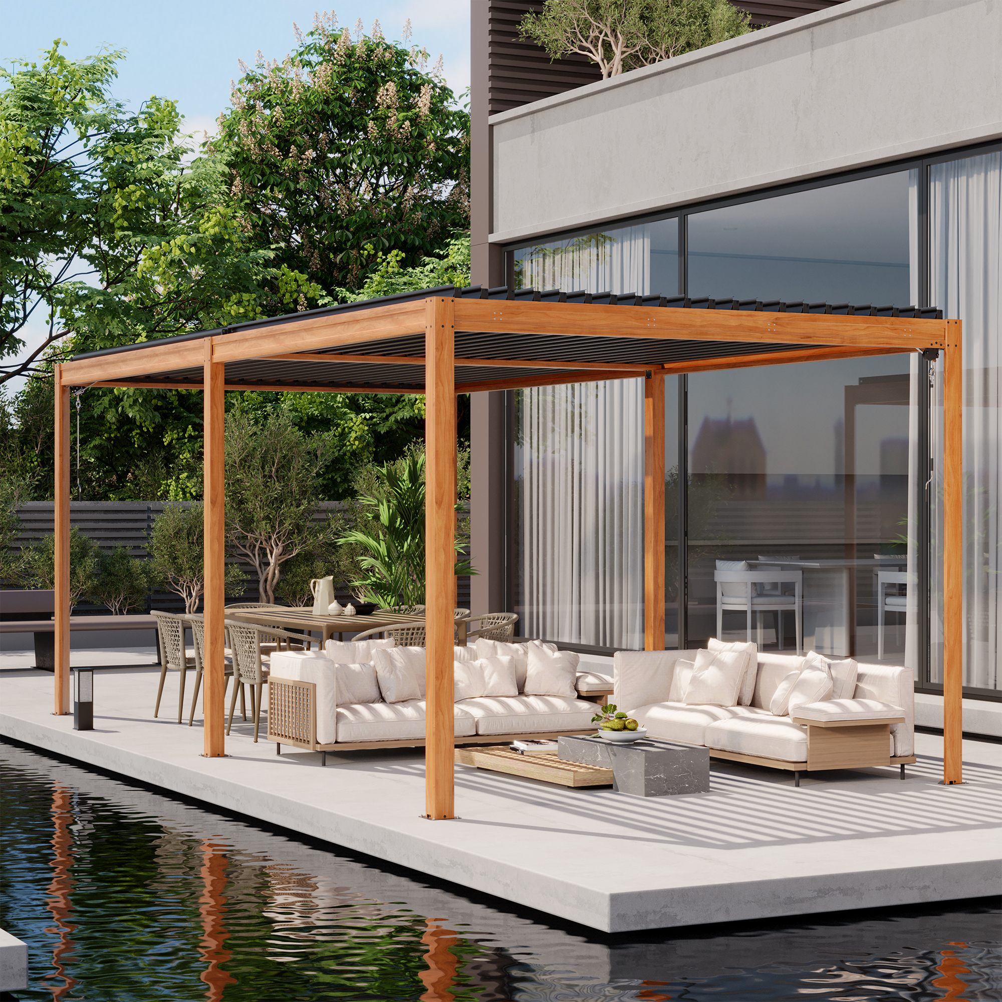 Louvered Pergola 10X20FT, Wood Grain Aluminum Pergola with Adjustable Roof, Wood Looking Aluminum Frame, Efficient Drainage System, Outdoor Pergola for Patio, Deck, Garden