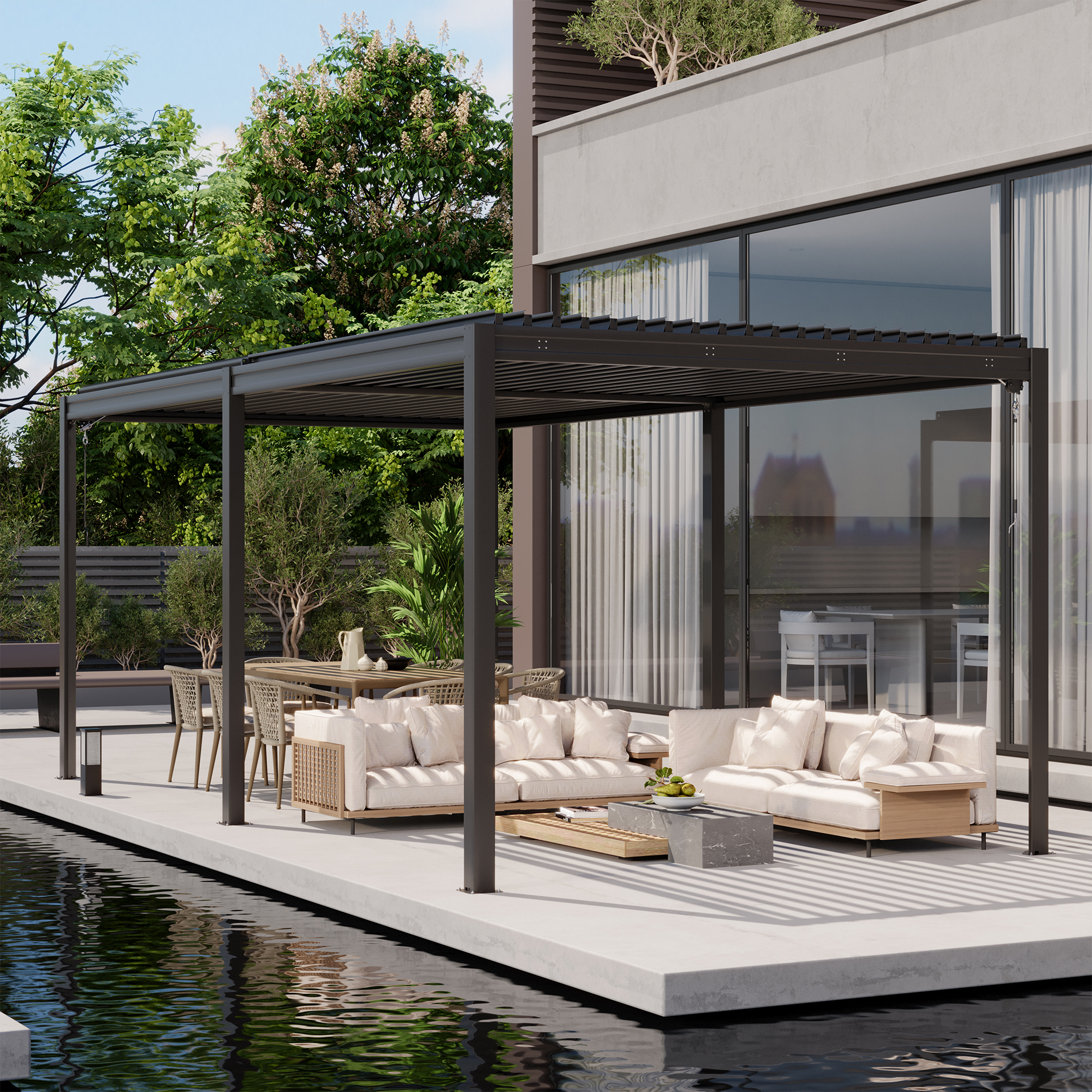 Louvered Pergola 10X20FT, Wood Grain Aluminum Pergola with Adjustable Roof, Wood Looking Aluminum Frame, Efficient Drainage System, Outdoor Pergola for Patio, Deck, Garden