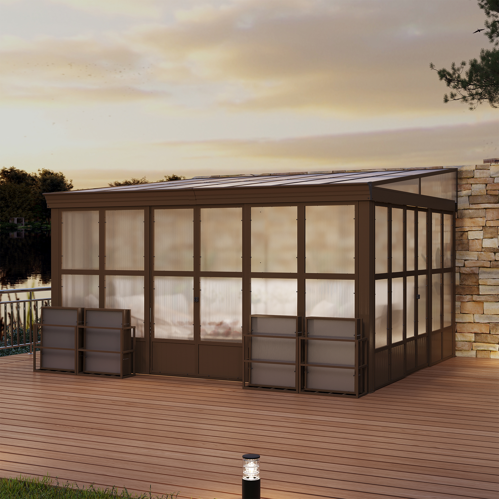 Wall Mounted Solarium with Sloping Polycarbonate Roof, Detachable Polycarbonate Screens, 2 Lockable Sliding Doors, Aluminum Gazebo Against Wall Sun Room for Patio Deck