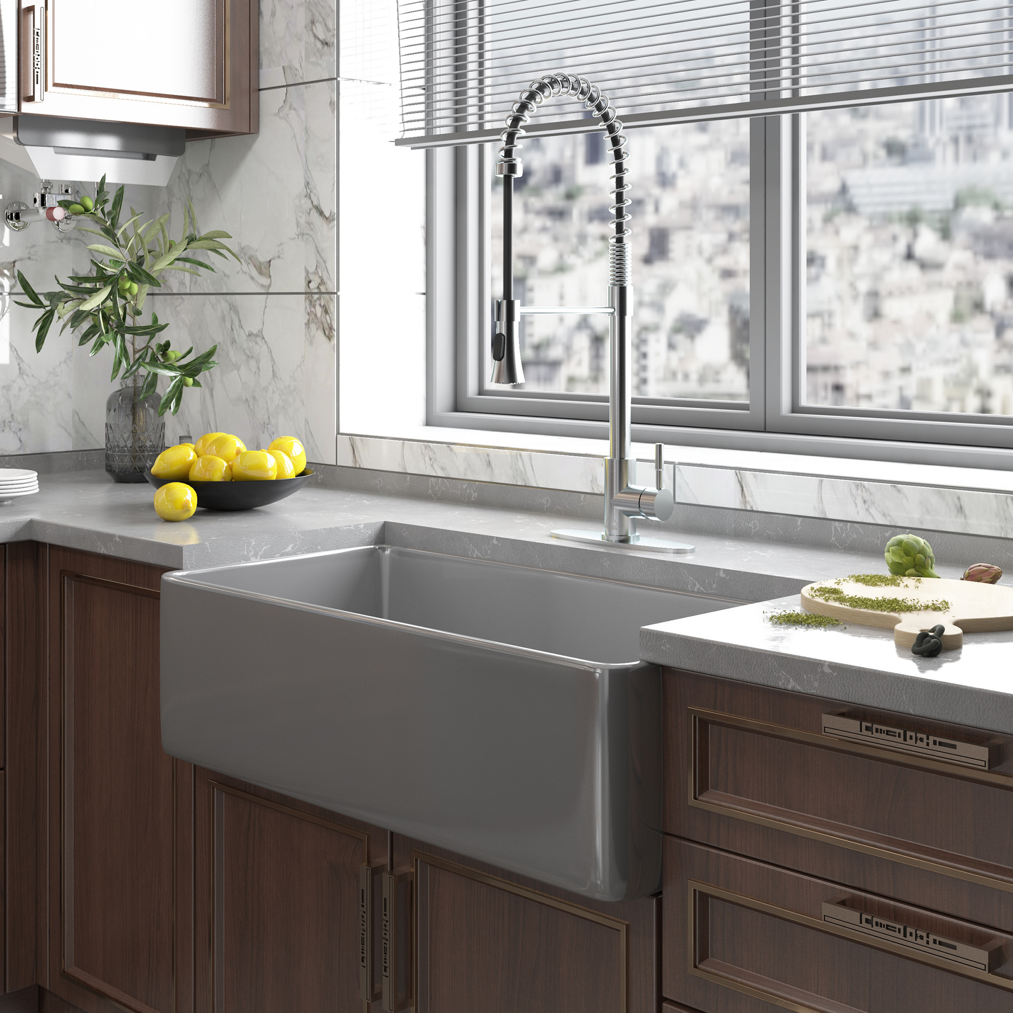 Matte Grey Farmhouse Apron Front Fireclay Single Sink with Grid and Drainer 