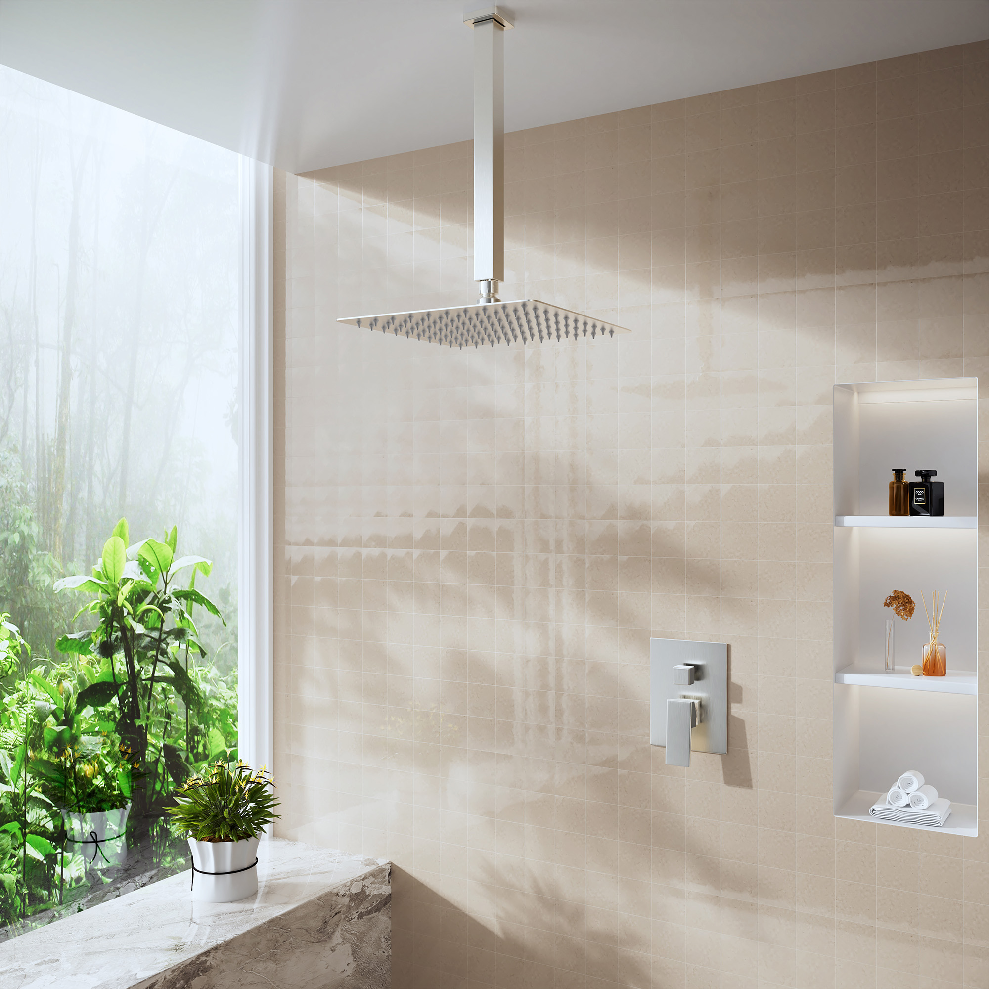 10"/12" Stainless Steel 360 Degree Adjustable 0.08" Ultra-thin Rectangle Shower Head In Matte Black/Brushed Nickel