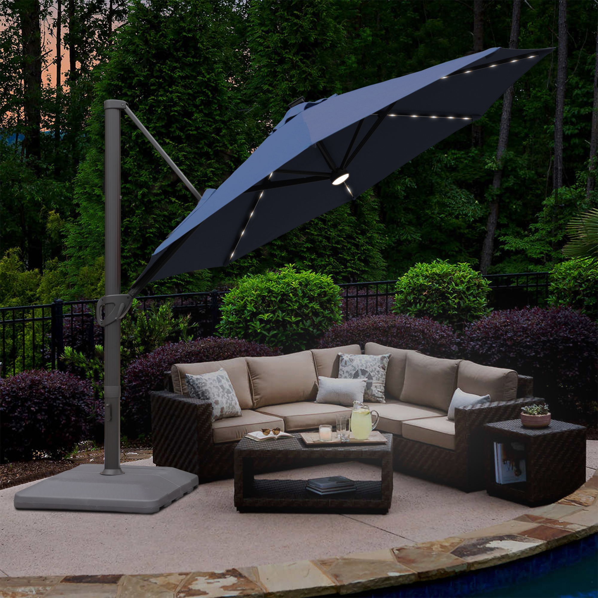 Mondawe 11 ft. Aluminum 360° Rotation Cantilever Patio Umbrella with Led Lights and Base for Balcony-Mondawe