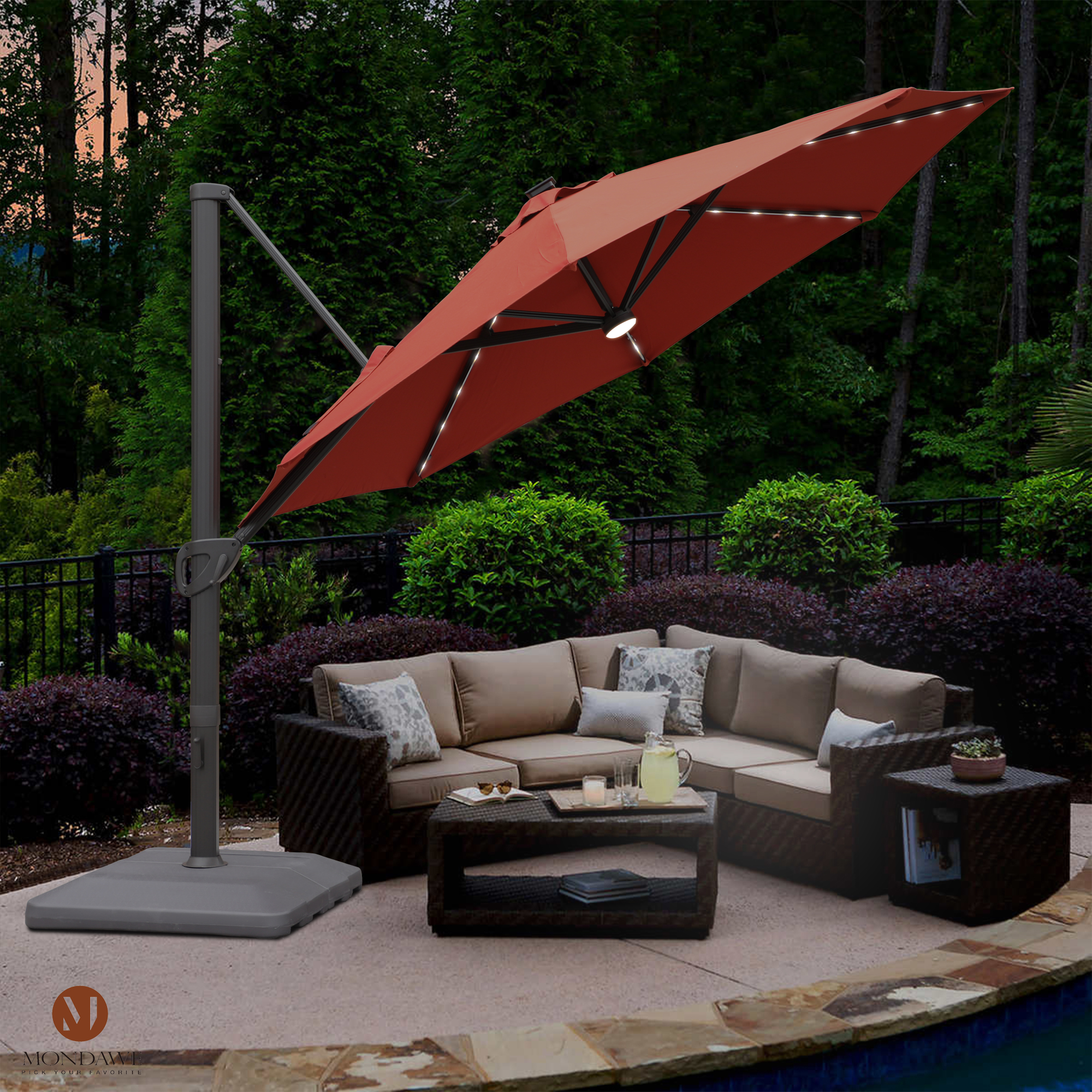 Mondawe 11 ft. Aluminum 360° Rotation Cantilever Patio Umbrella with Led Lights and Base for Balcony-Mondawe