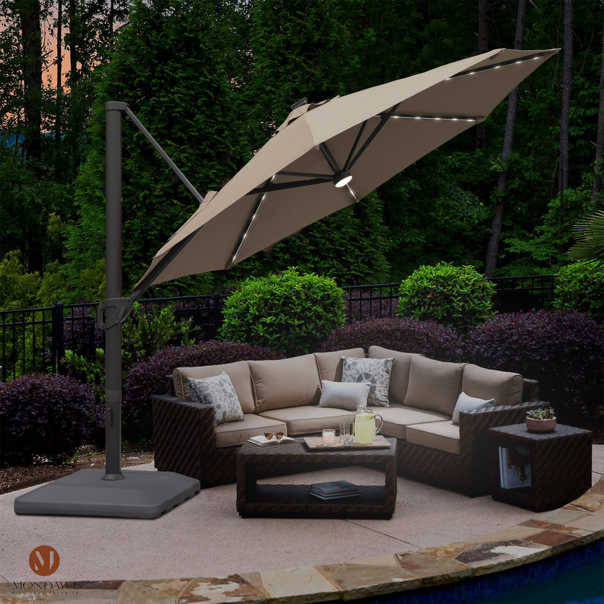 Mondawe 11 ft. Aluminum 360° Rotation Cantilever Patio Umbrella with Led Lights and Base for Balcony-Mondawe