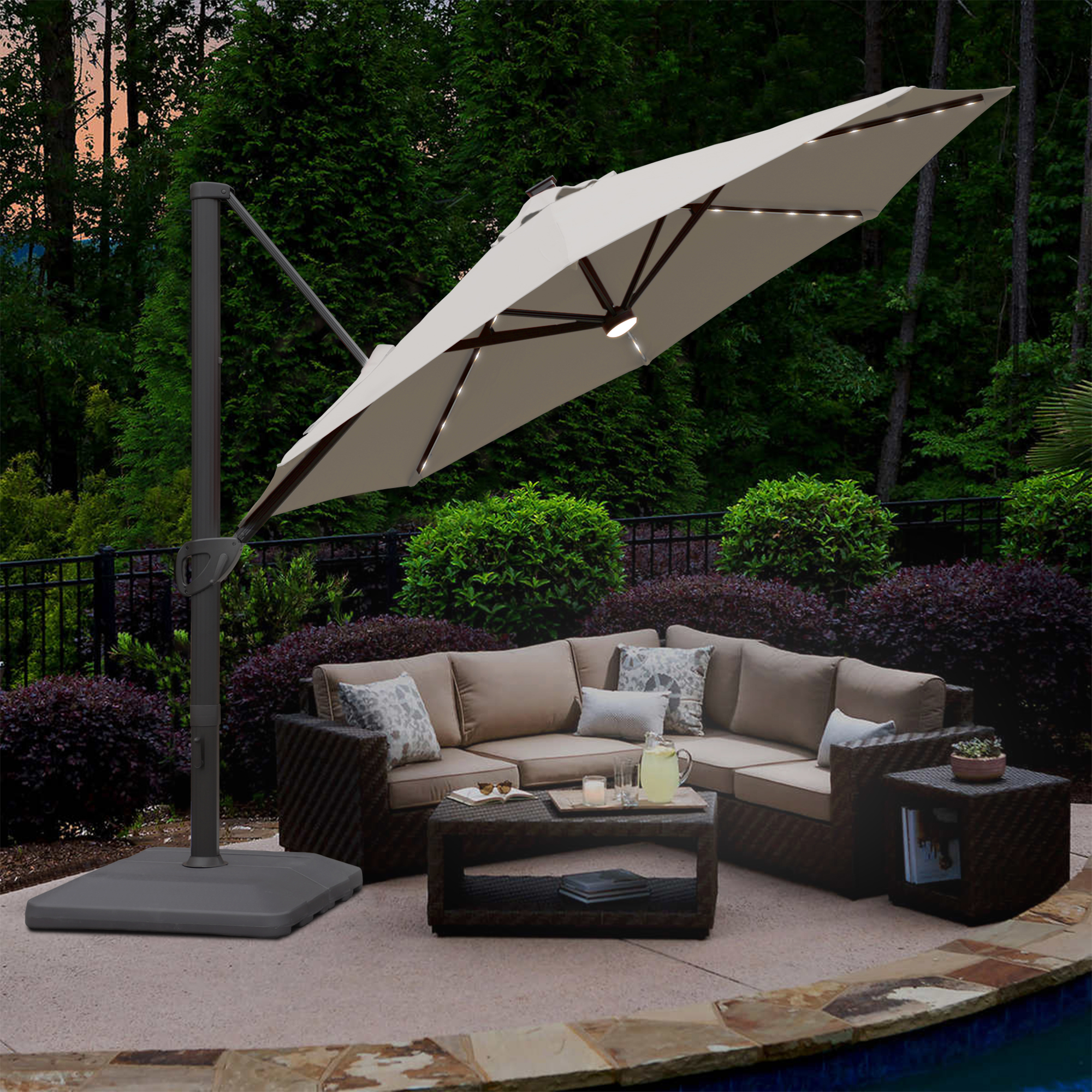 Mondawe 11 ft. Aluminum 360° Rotation Cantilever Patio Umbrella with Led Lights and Base for Balcony-Mondawe