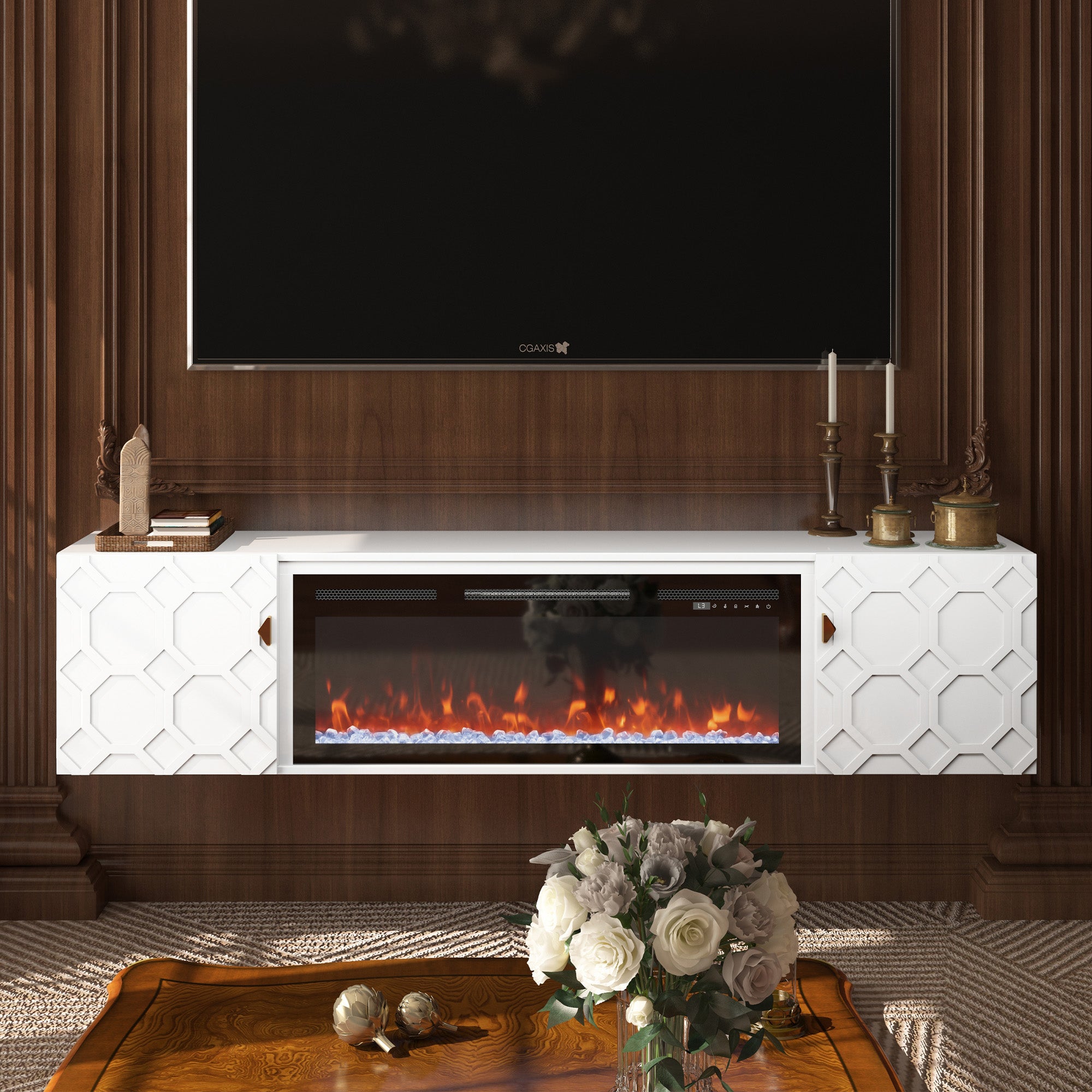 67.32-in W White Fan-forced Electric Fireplace , 5 levels of brightness adjustment, 14 charcoal bed effects