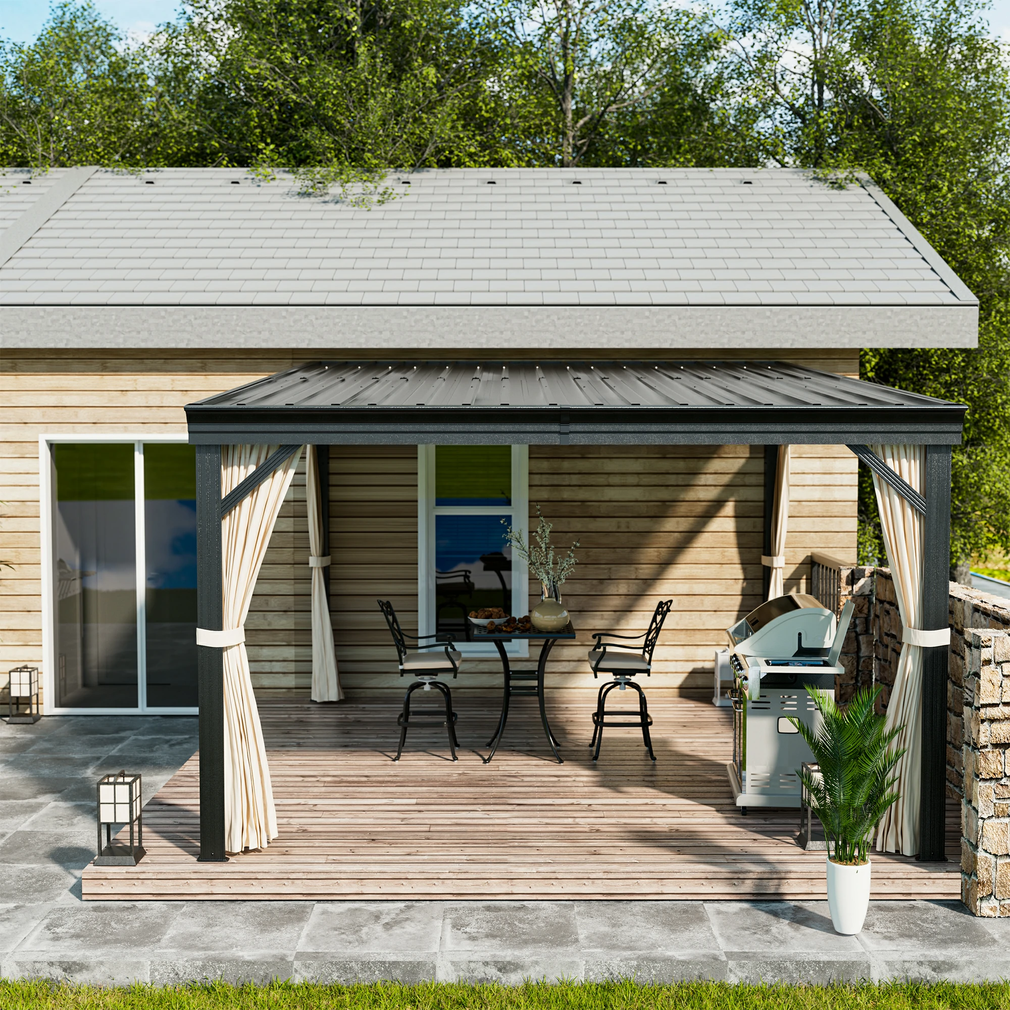 Outdoor Wall-Mounted Hardtop Gazebo Aluminum Frame Galvanized Steel Roof Sunroom with Curtains and Netting