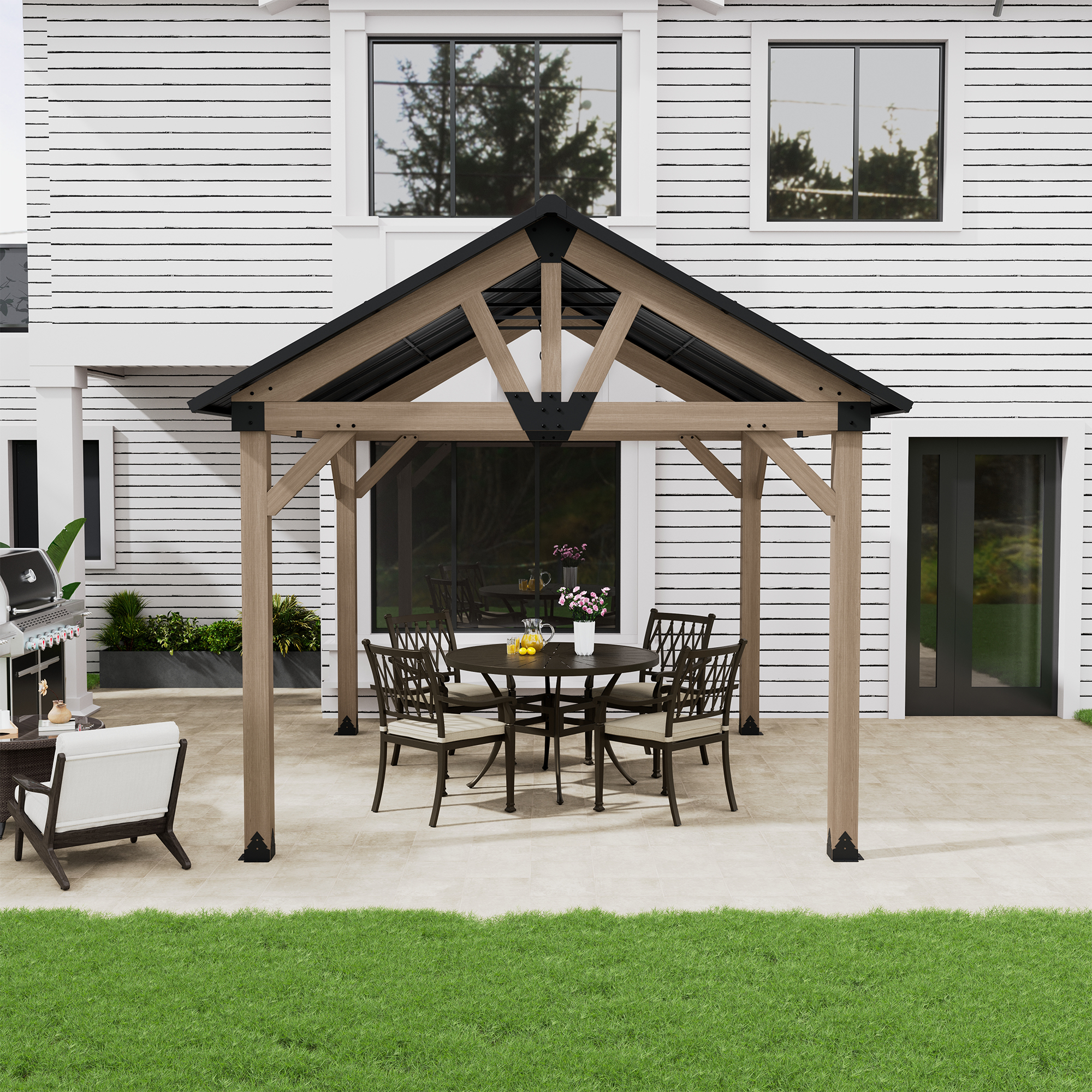 10 ft. x 12 ft. Outdoor Cedar Wood Frame Patio Gazebo Canopy Galvanized Steel Gable Hardtop Roof for Patio Lawn Backyard - Greenwich Serie