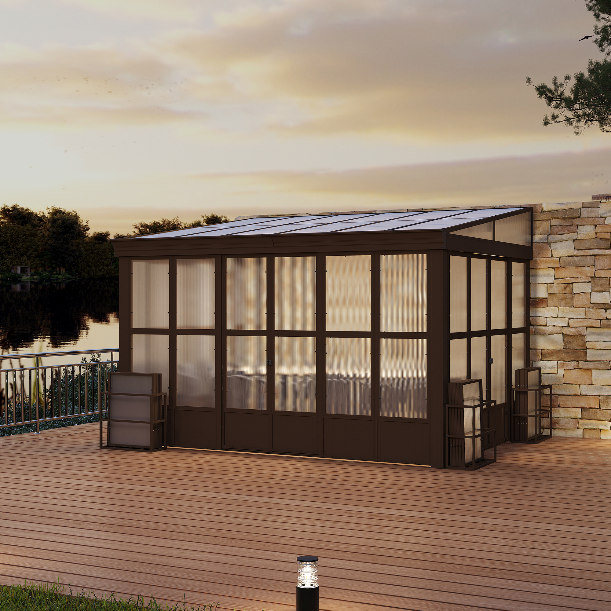 Lean-to Sunroom 10x12FT, Wall Mounted Solarium with Sloping Polycarbonate Roof, Detachable Polycarbonate Screens, 2 Lockable Sliding Doors, Aluminum Gazebo Against Wall Sun Room for Patio Deck