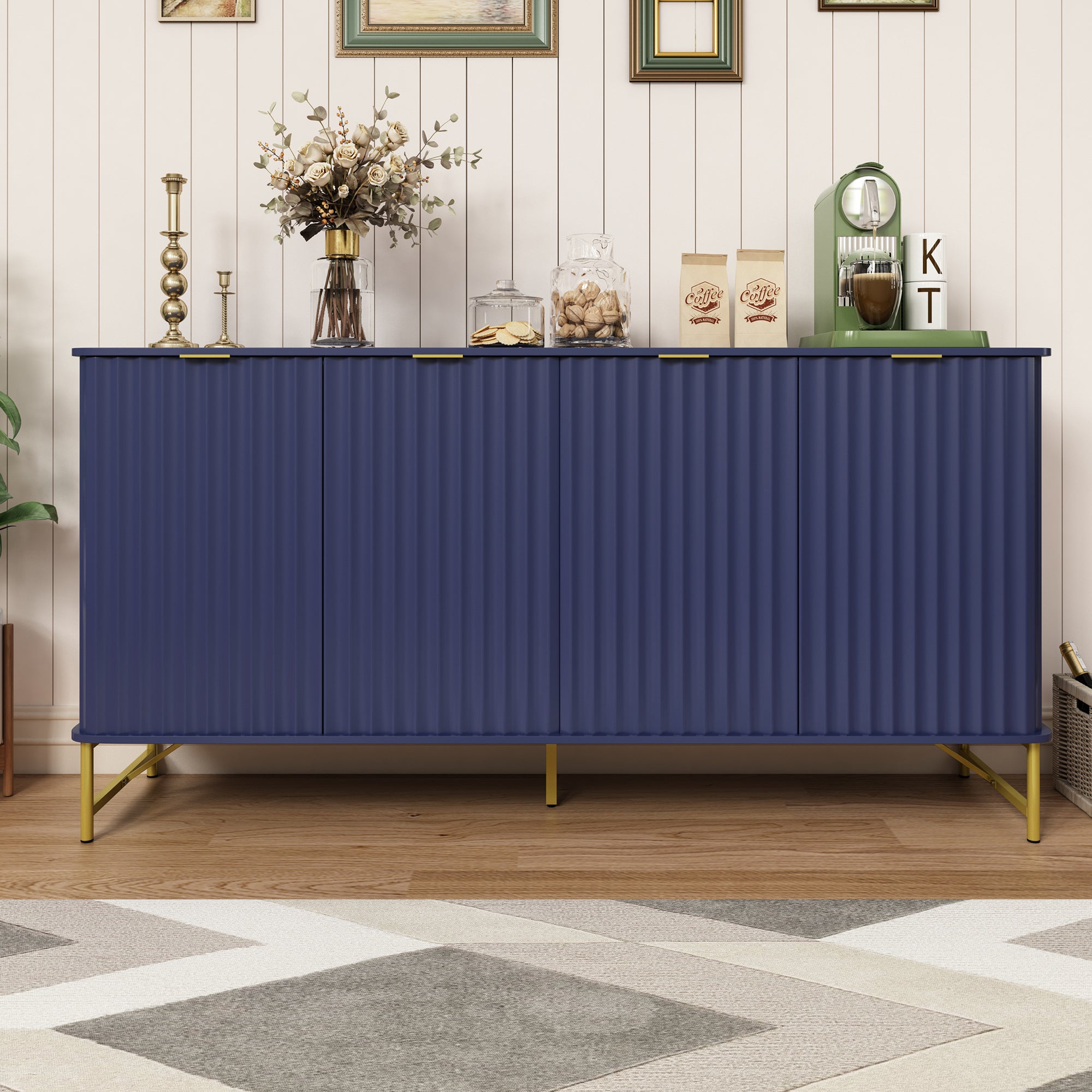 Storage Cabinet with 4 Doors，63 Inch Monden Accent Cabinet，Free-Standing Sideboard with Gold Legs for Hallway, Living Room