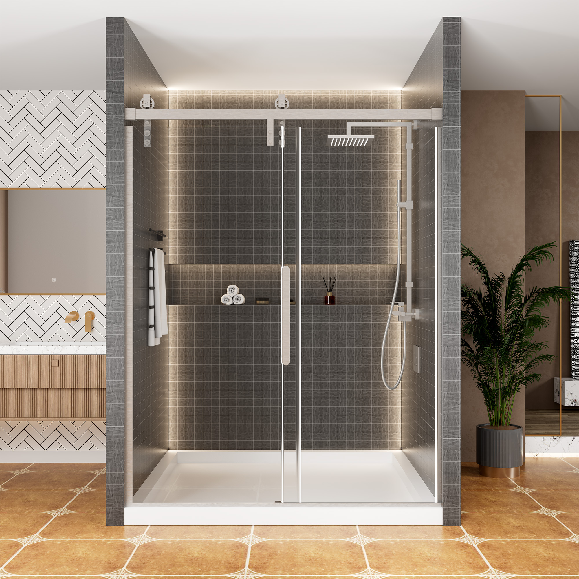 60.6"x 76" Framed Stainless Steel Shower Door with Reversible Installation