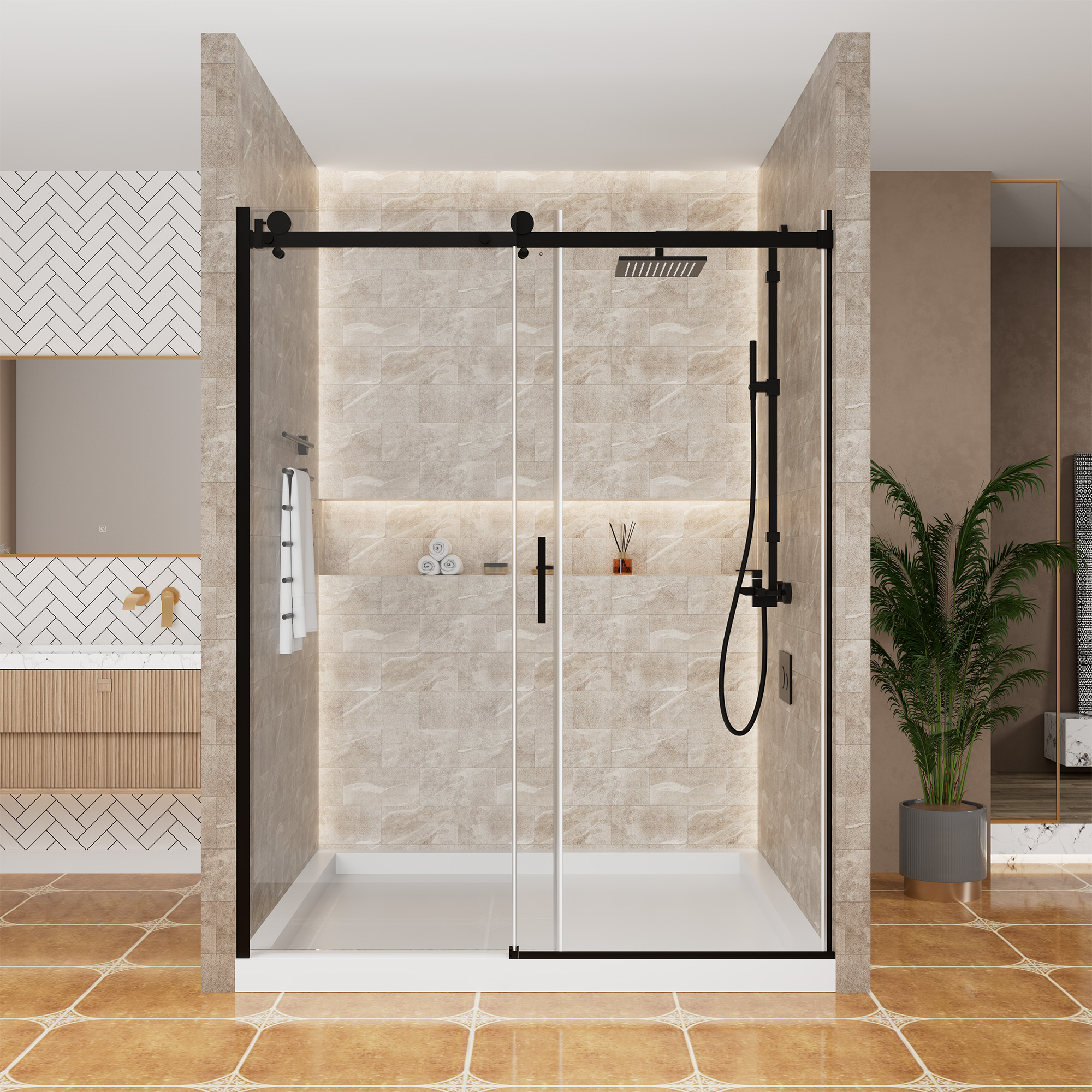 60"x 76" Framed Stainless Steel Shower Door with 3/8" Tempered Glass