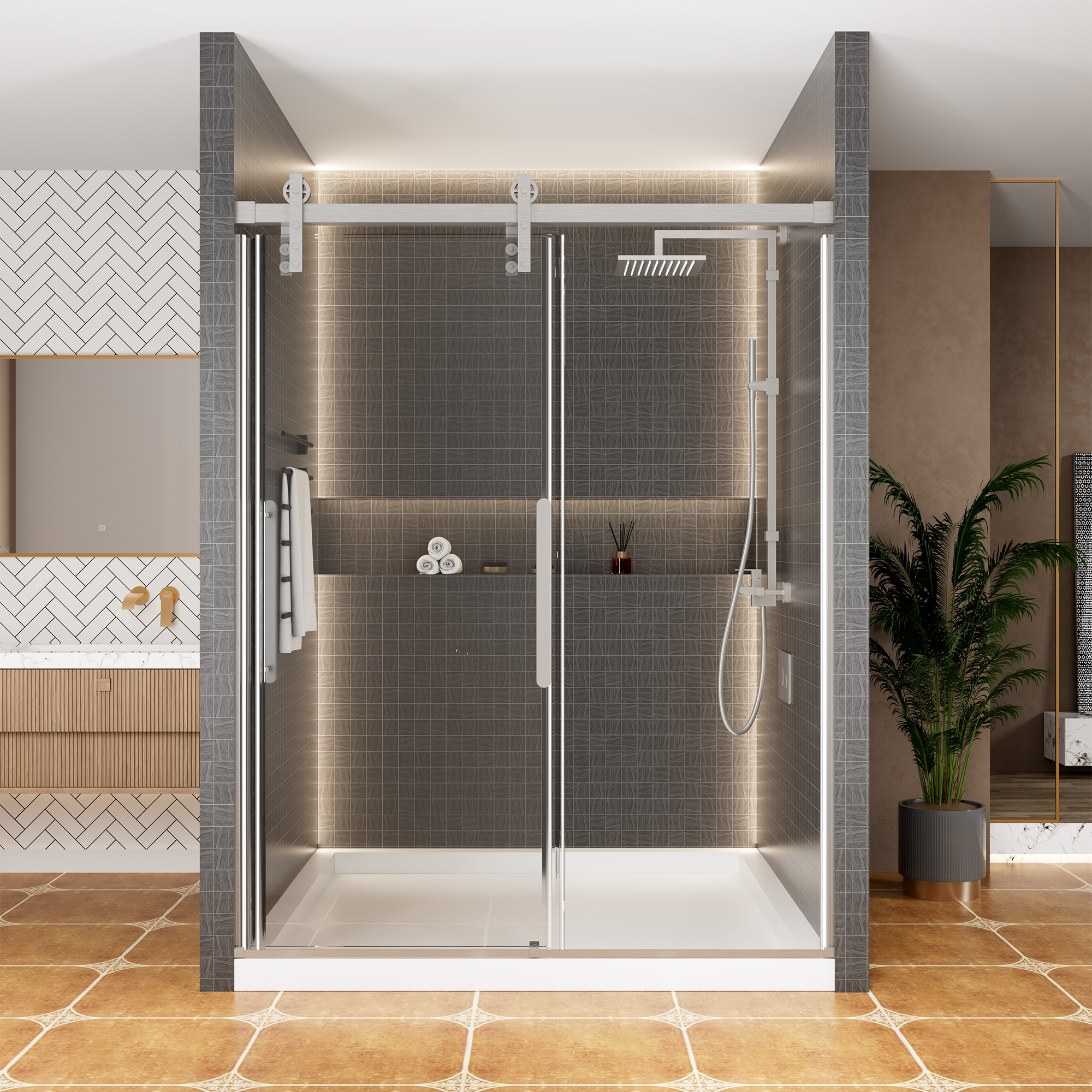 60"x 76" Frameless Stainless Steel Shower Door with 10mm Tempered Glass