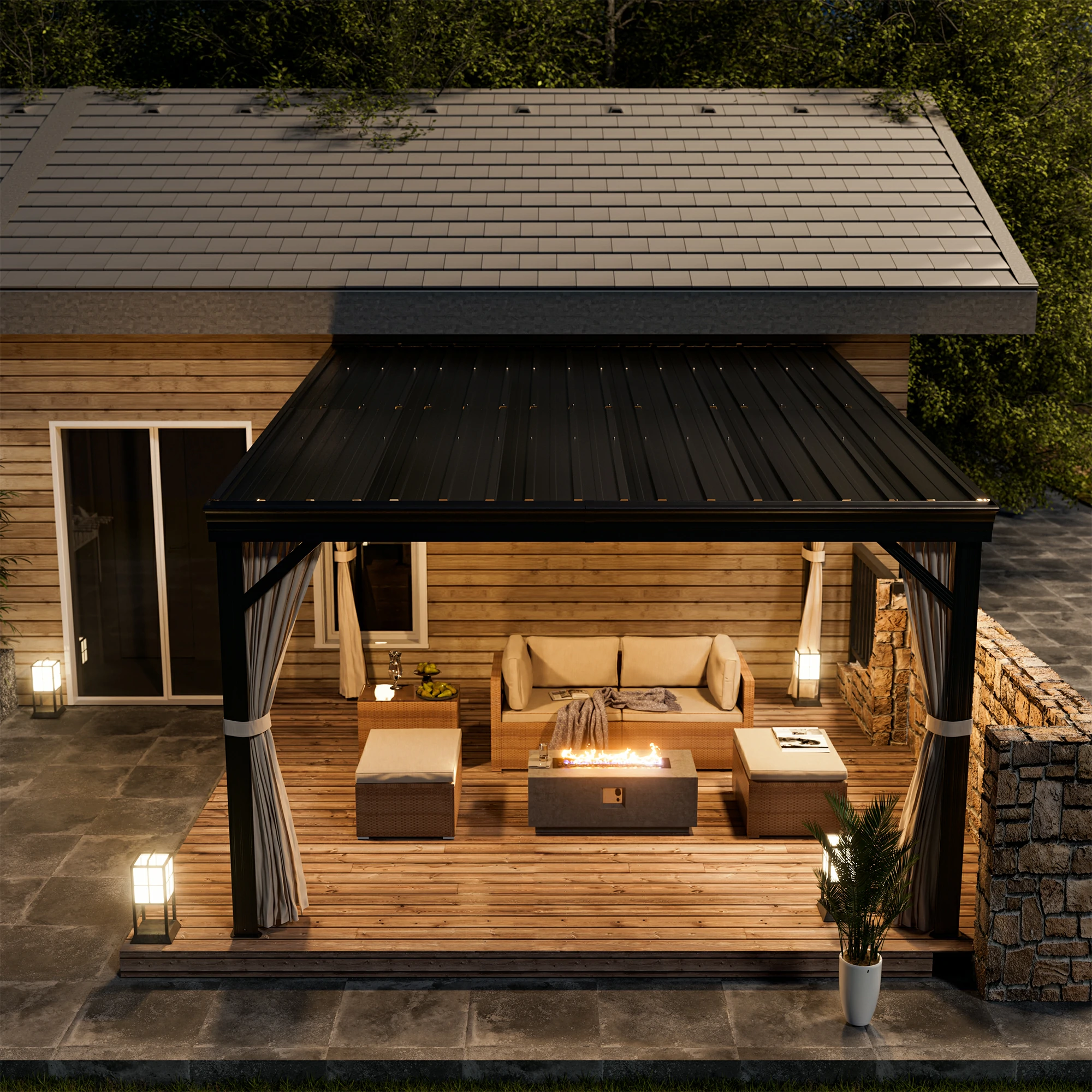 Outdoor Wall-Mounted Hardtop Gazebo Aluminum Frame Galvanized Steel Roof Sunroom with Curtains and Netting